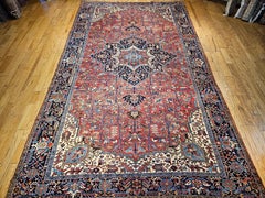 Vintage Oversized Persian Heriz Serapi in Brick-Red, French Blue, Ivory, Green