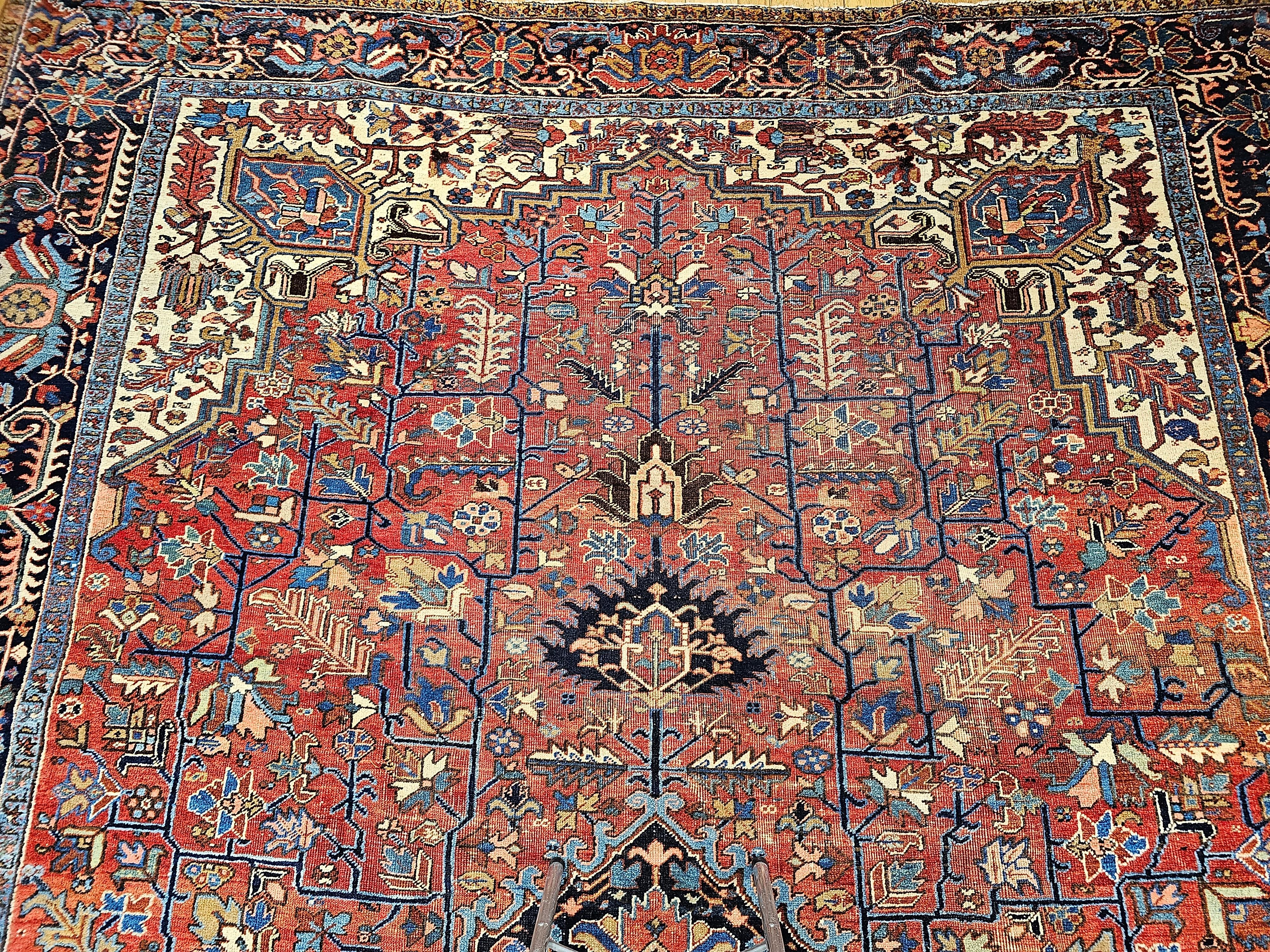 Hand-Knotted Vintage Oversized Persian Heriz Karajah in Brick-Red, French Blue, Ivory, Green For Sale