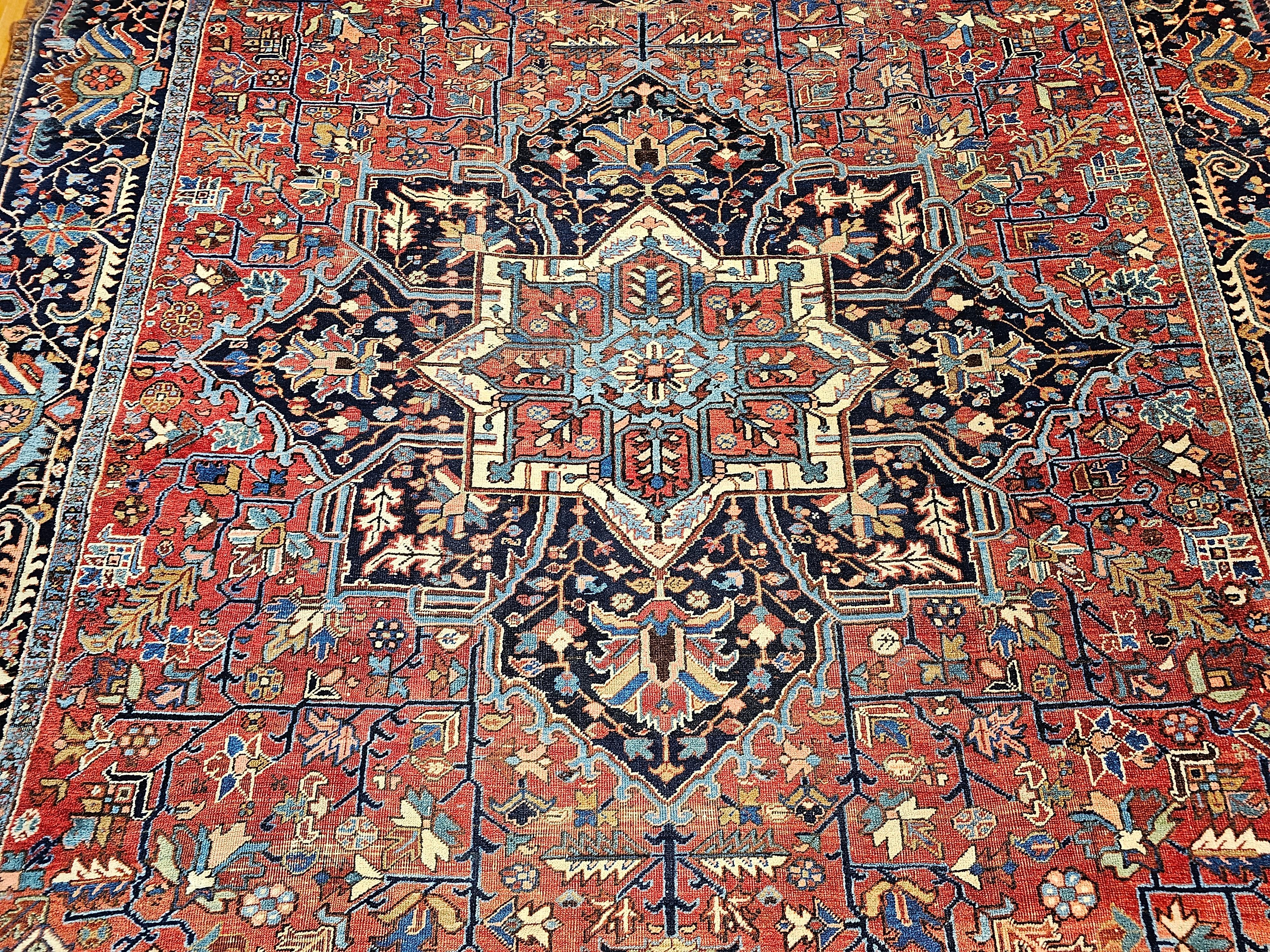 Vintage Oversized Persian Heriz Karajah in Brick-Red, French Blue, Ivory, Green In Good Condition For Sale In Barrington, IL