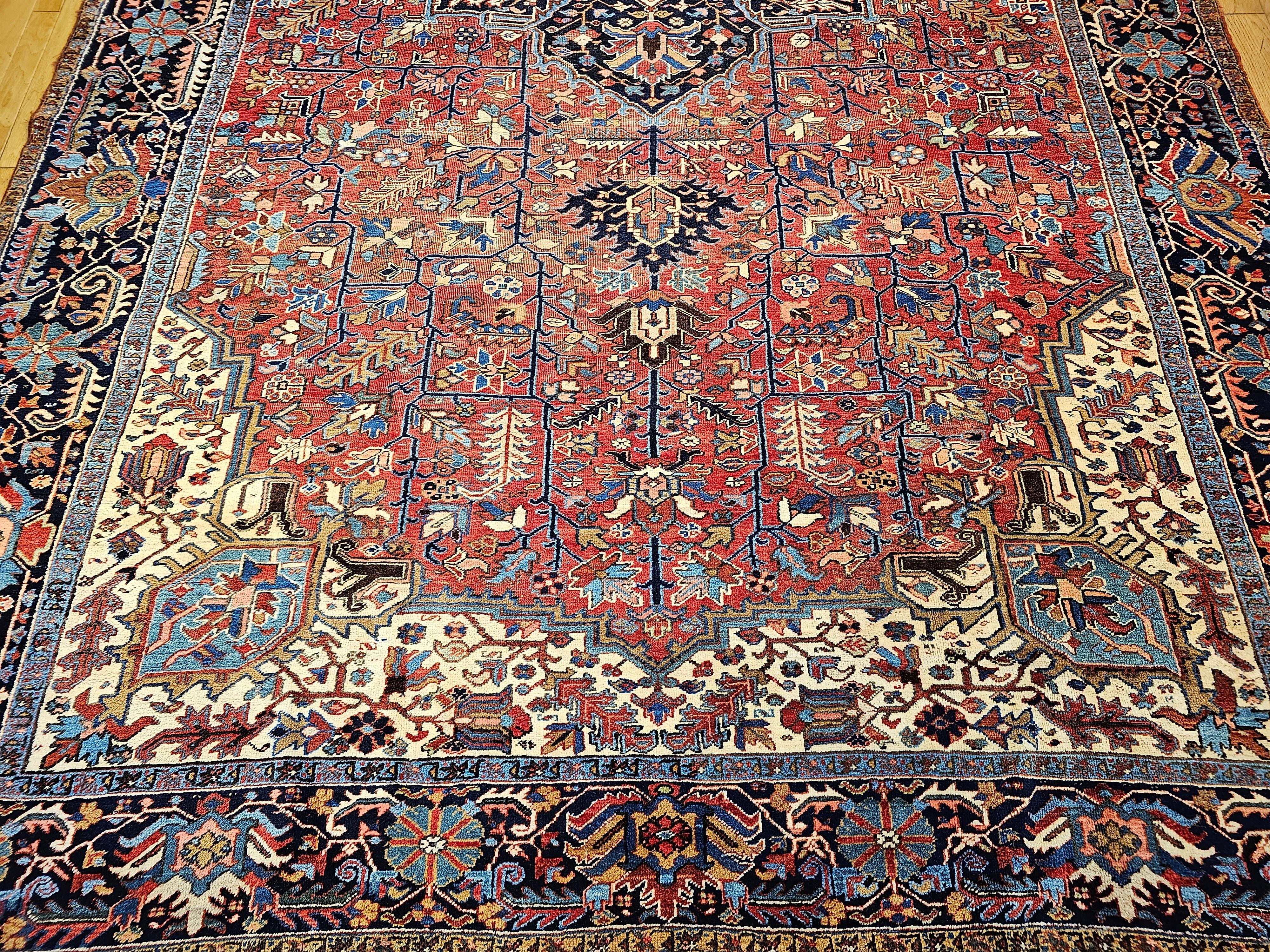 20th Century Vintage Oversized Persian Heriz Karajah in Brick-Red, French Blue, Ivory, Green For Sale