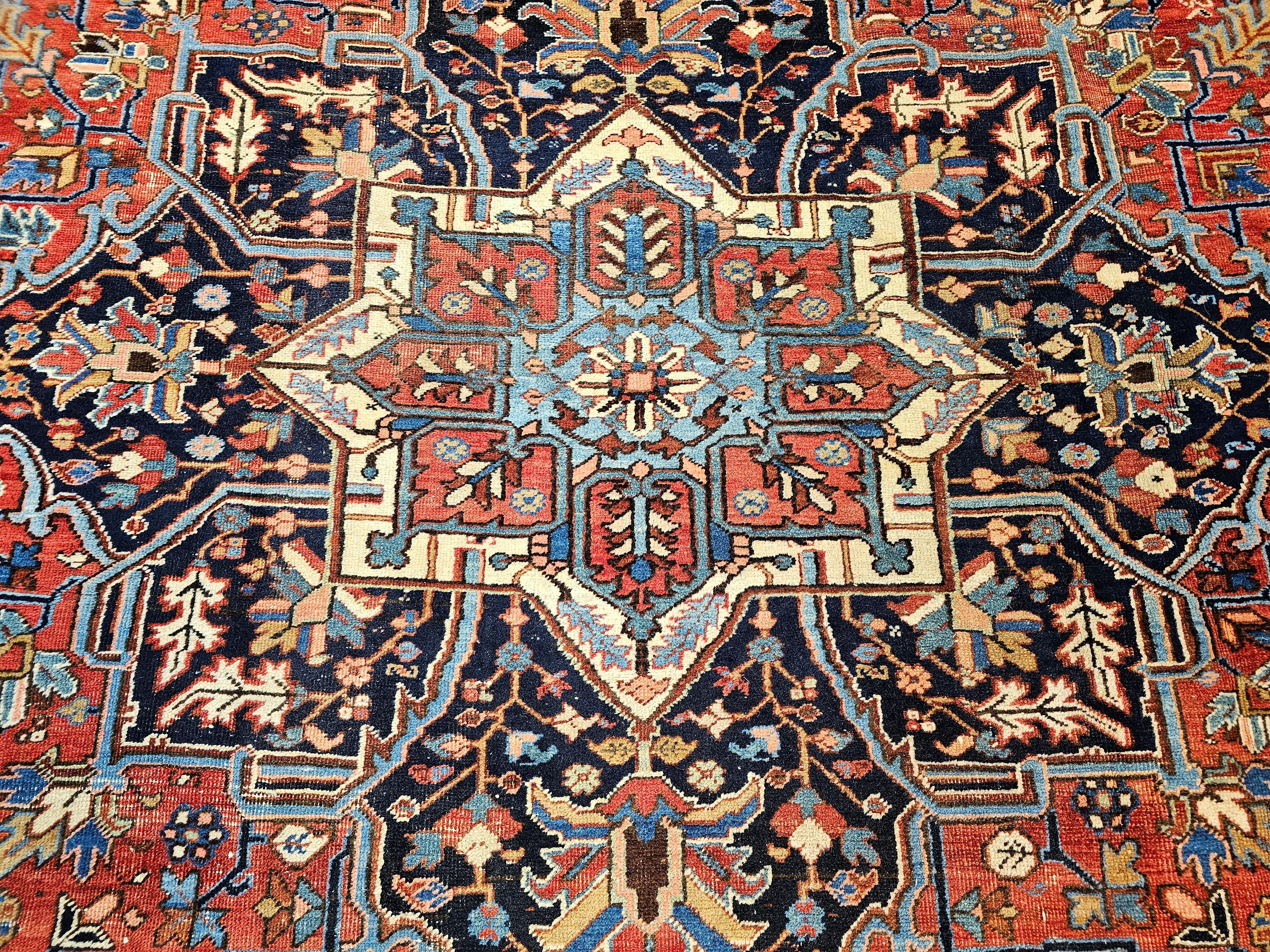 Wool Vintage Oversized Persian Heriz Karajah in Brick-Red, French Blue, Ivory, Green For Sale