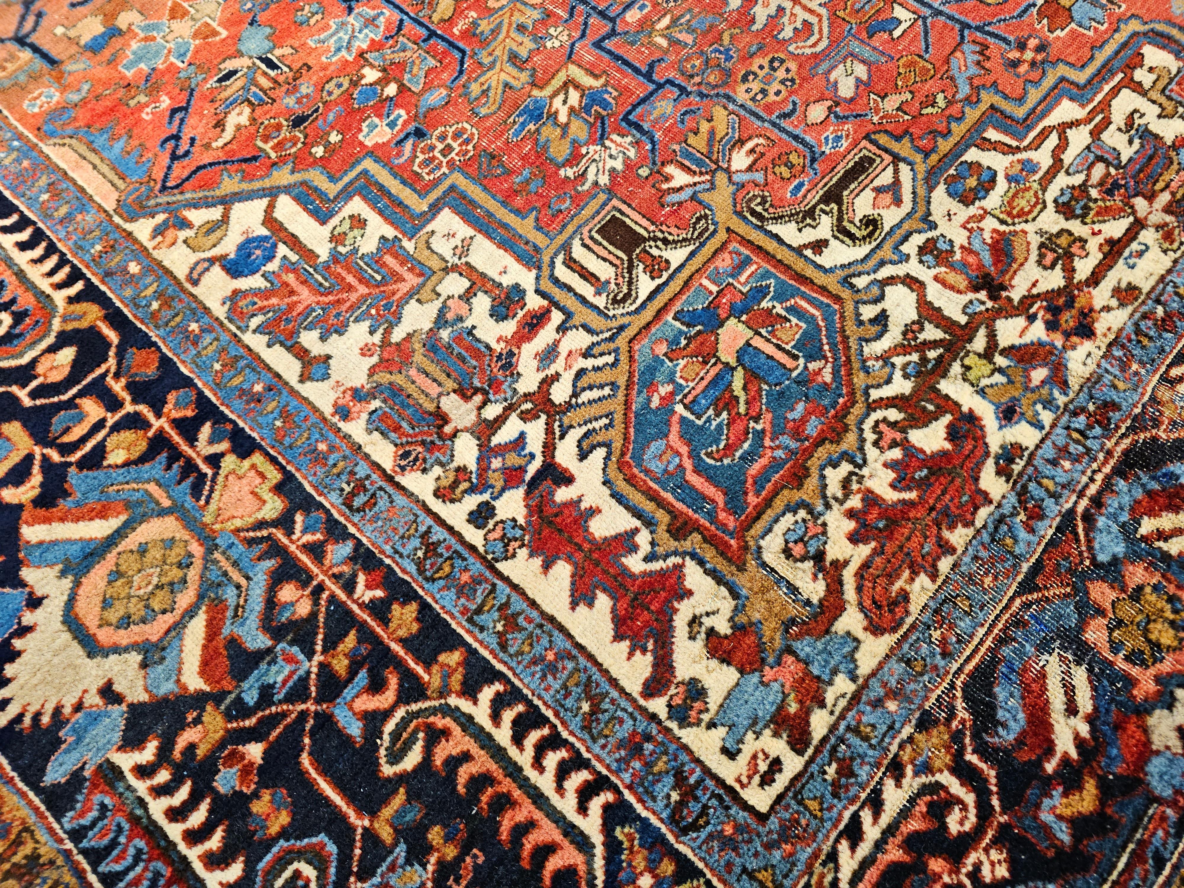 Vintage Oversized Persian Heriz Karajah in Brick-Red, French Blue, Ivory, Green For Sale 1