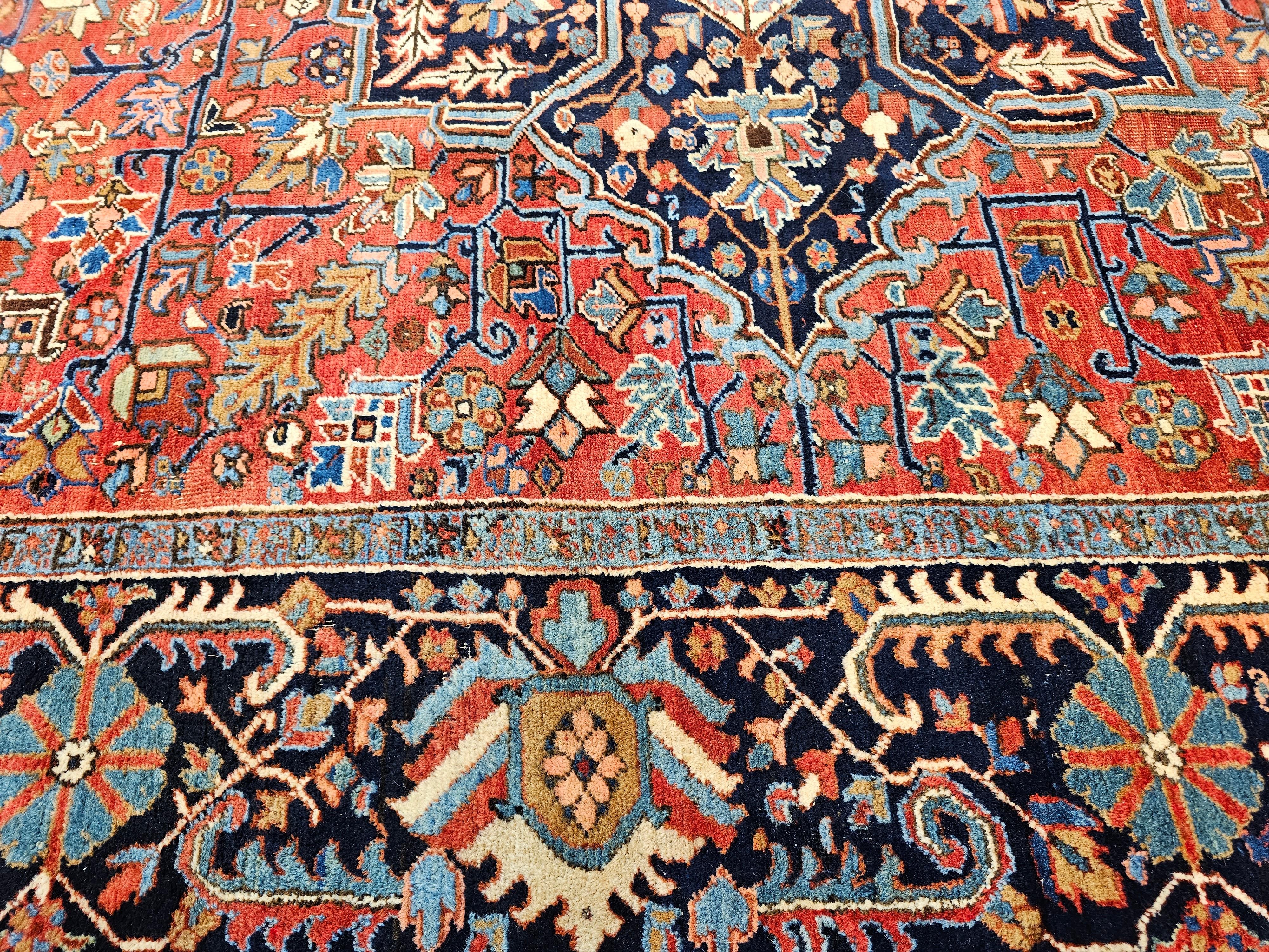 Vintage Oversized Persian Heriz Karajah in Brick-Red, French Blue, Ivory, Green For Sale 2
