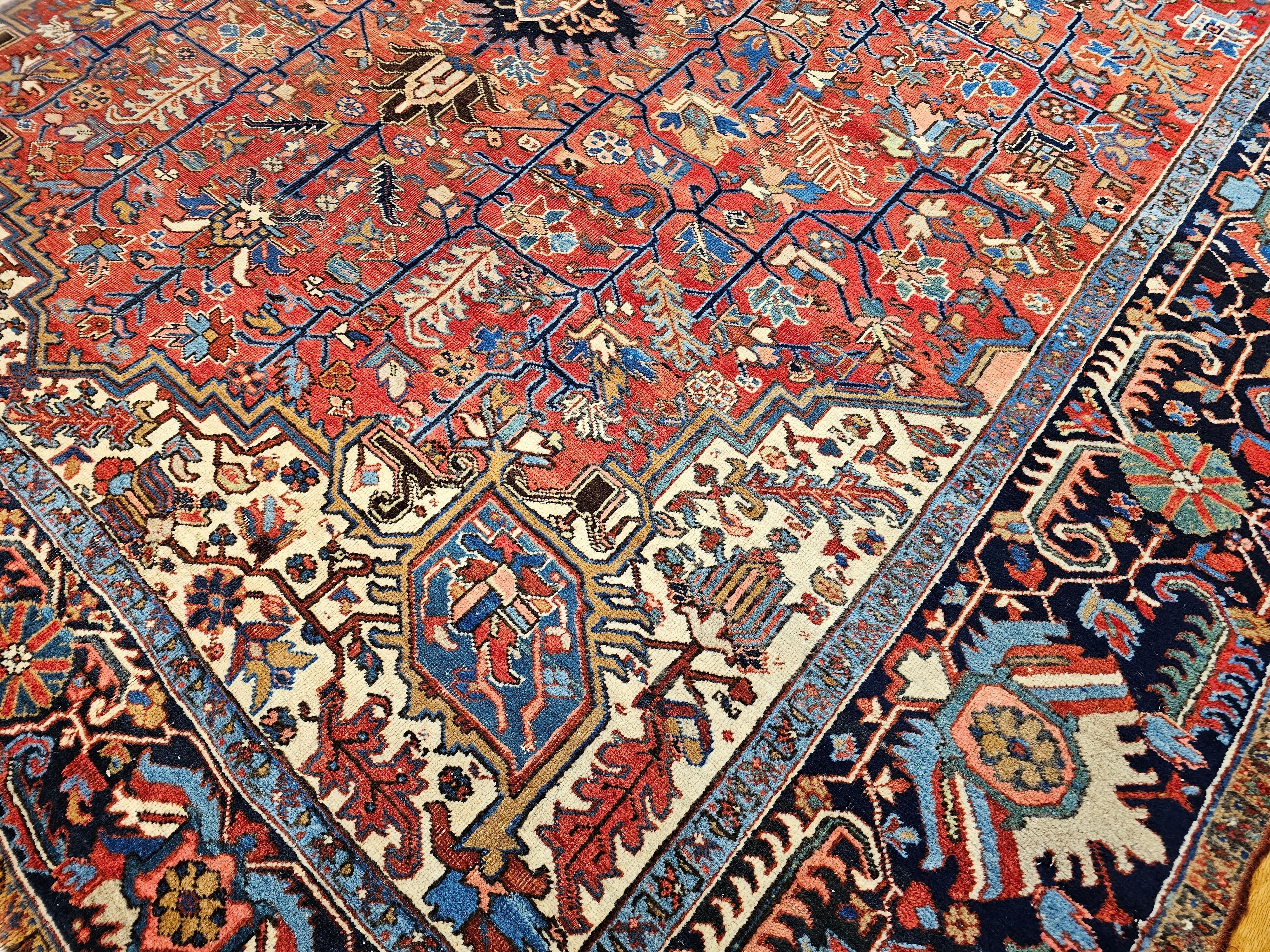 Vintage Oversized Persian Heriz Karajah in Brick-Red, French Blue, Ivory, Green For Sale 3