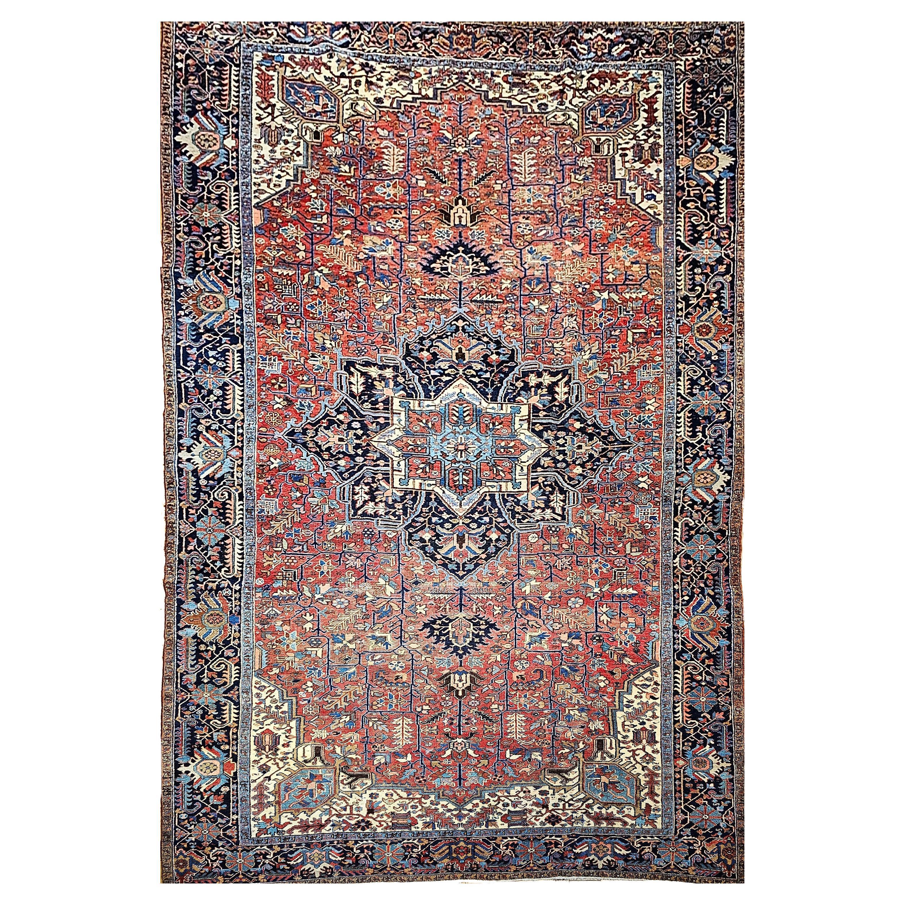 Vintage Oversized Persian Heriz Karajah in Brick-Red, French Blue, Ivory, Green For Sale
