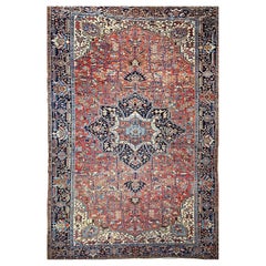 Antique Oversized Persian Heriz Karajah in Brick-Red, French Blue, Ivory, Green