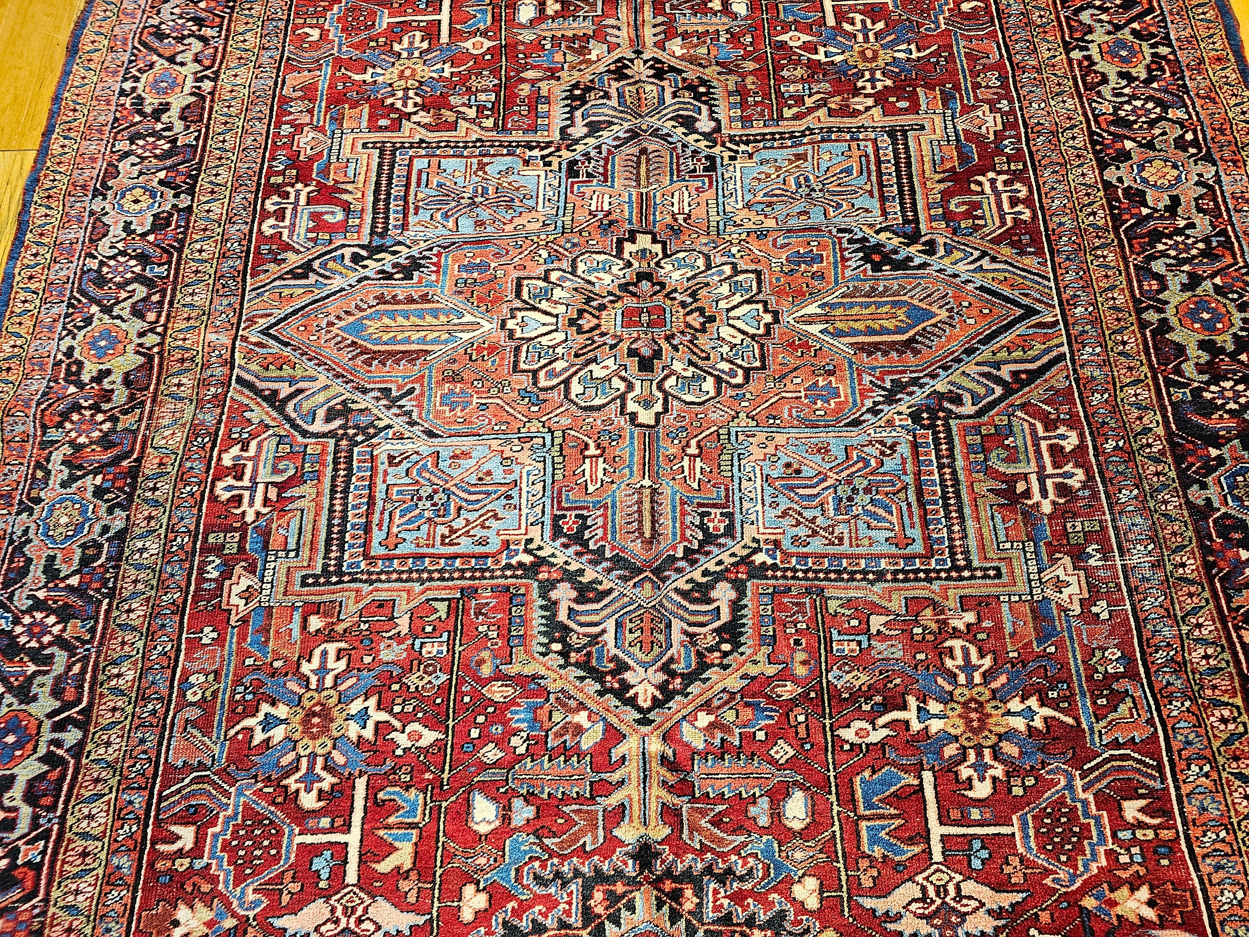 Vintage Oversized Persian Heriz Serapi in Red, Ivory, Baby Blue, Navy, Pink In Good Condition For Sale In Barrington, IL