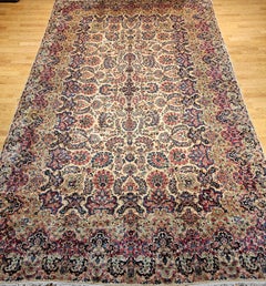 Vintage Oversized Persian Kerman Rug in Allover Pattern in Ivory, Red, Green