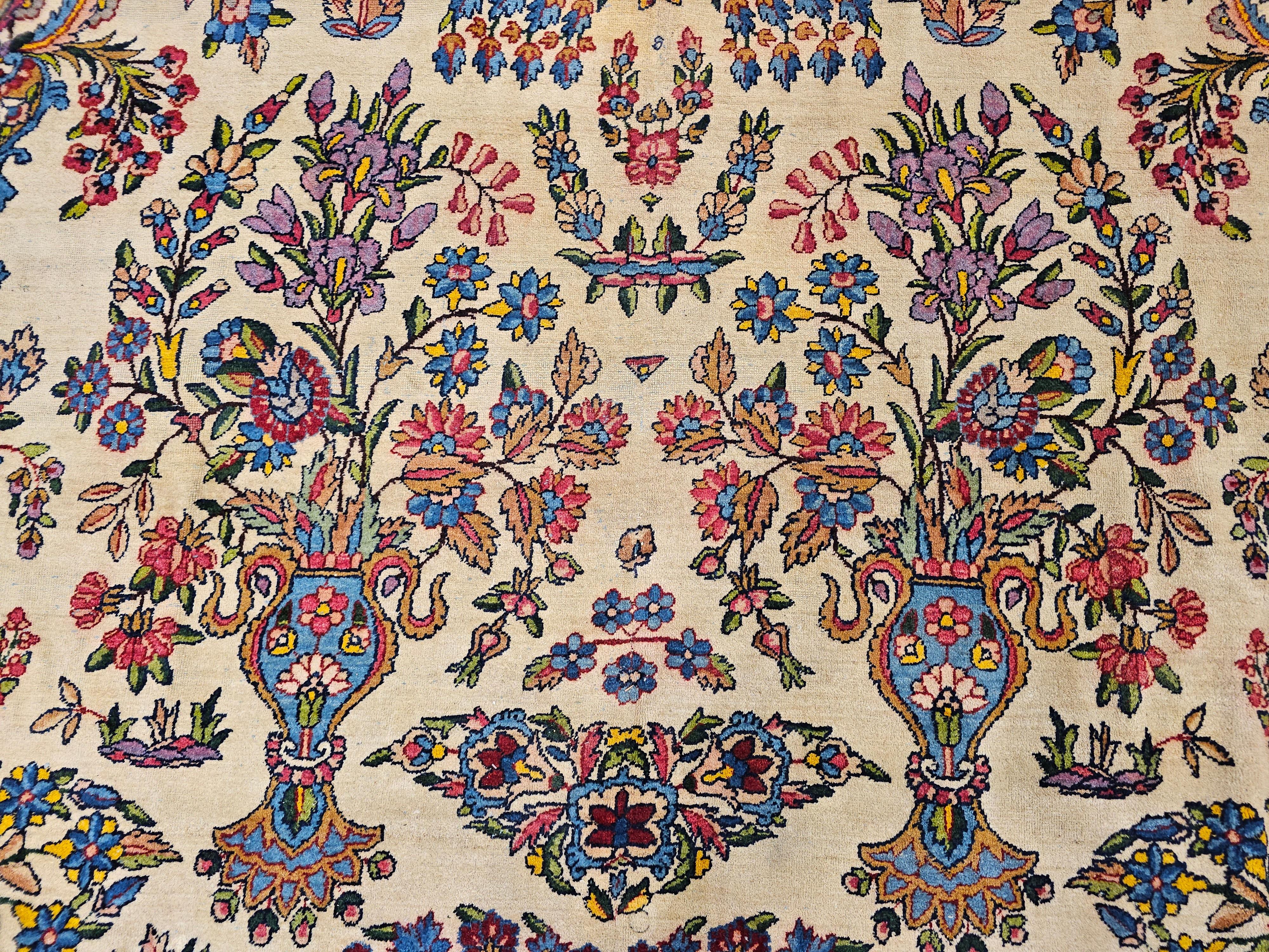 Vintage Oversized Persian Kerman Lavar in Allover Pattern in Ivory, Pink, Blue For Sale 4
