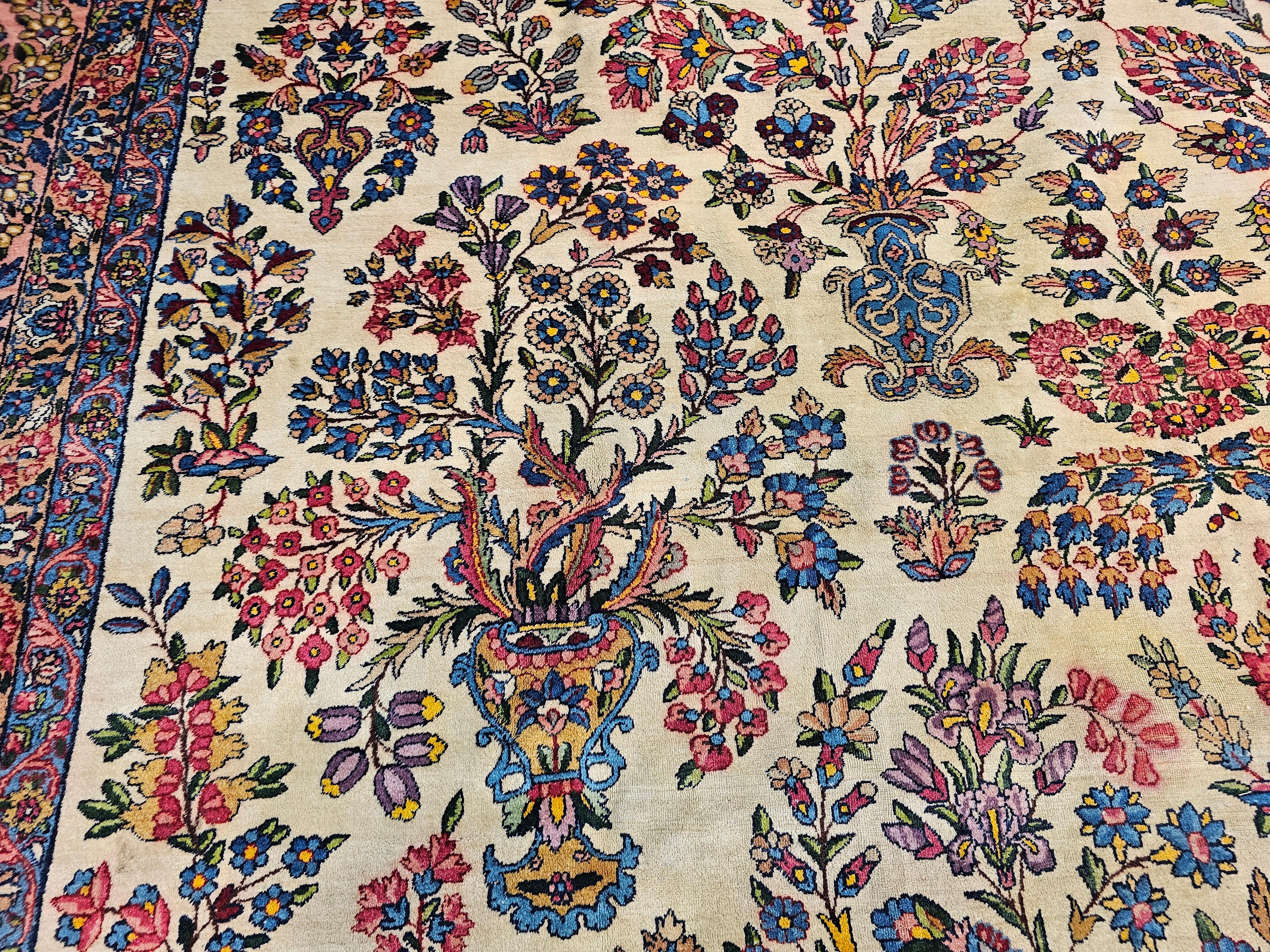 Vintage Oversized Persian Kerman Lavar in Allover Pattern in Ivory, Pink, Blue For Sale 5