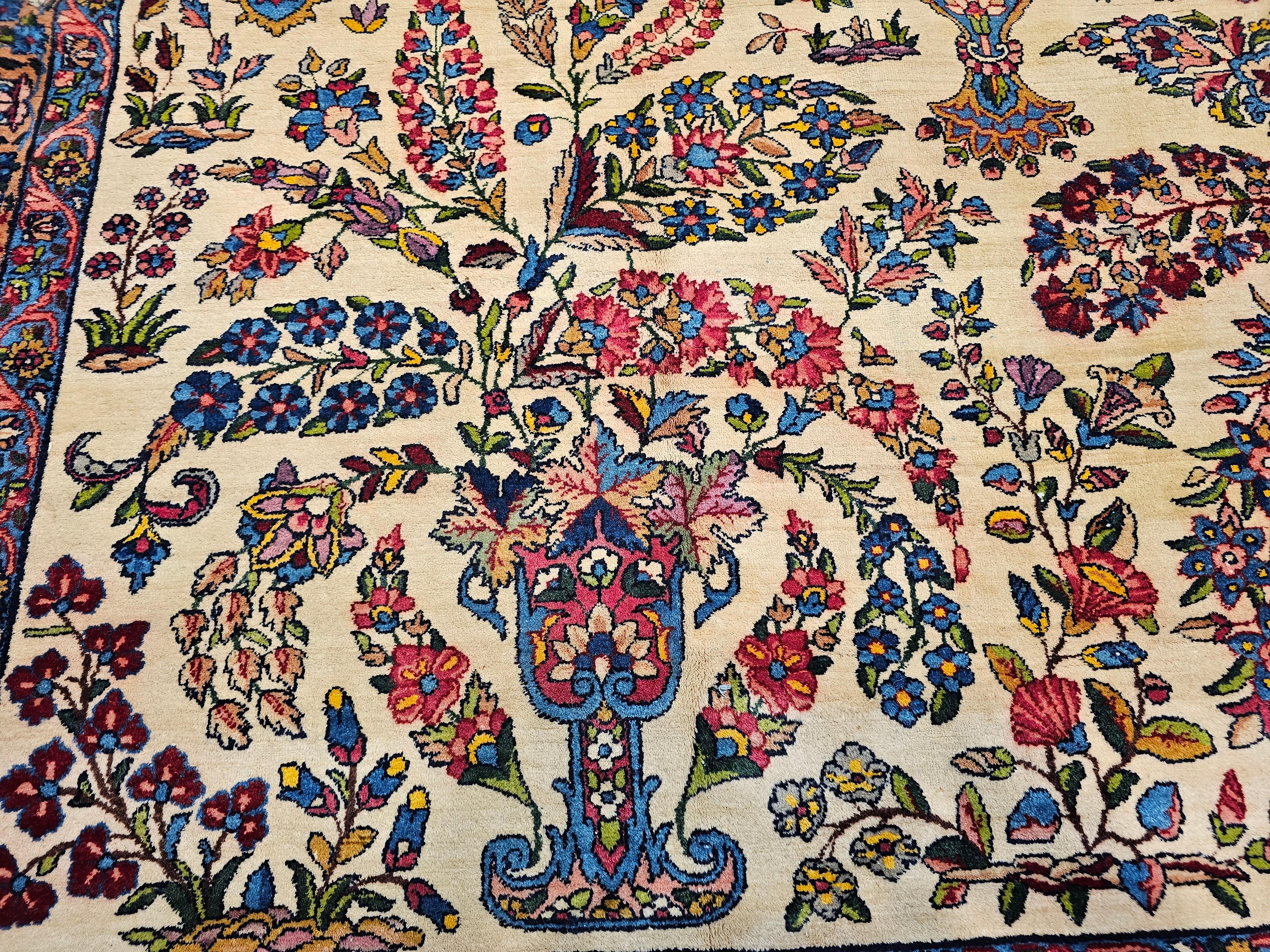 Vintage Oversized Persian Kerman Lavar in Allover Pattern in Ivory, Pink, Blue For Sale 6