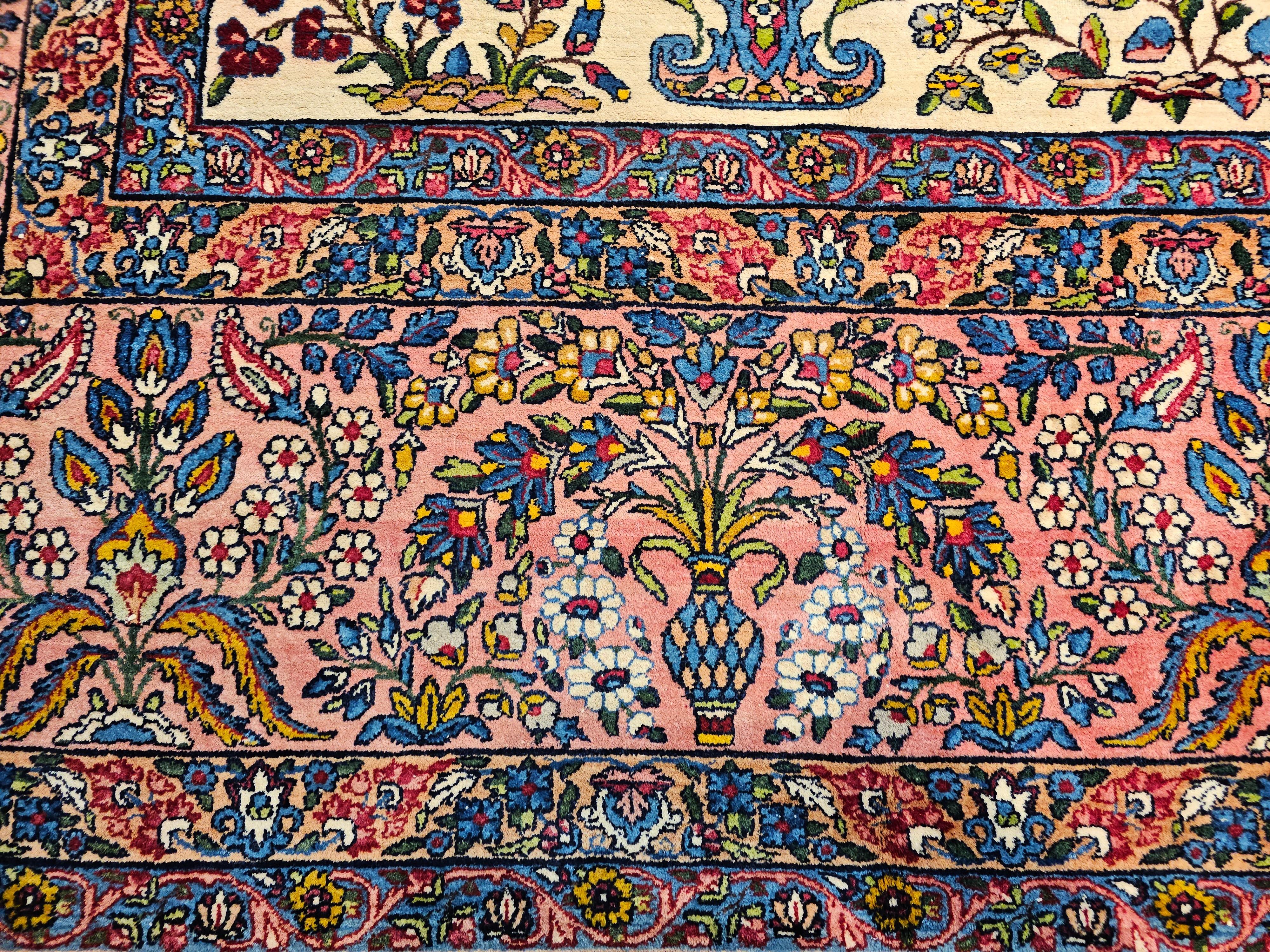 Vintage Oversized Persian Kerman Lavar in Allover Pattern in Ivory, Pink, Blue For Sale 7