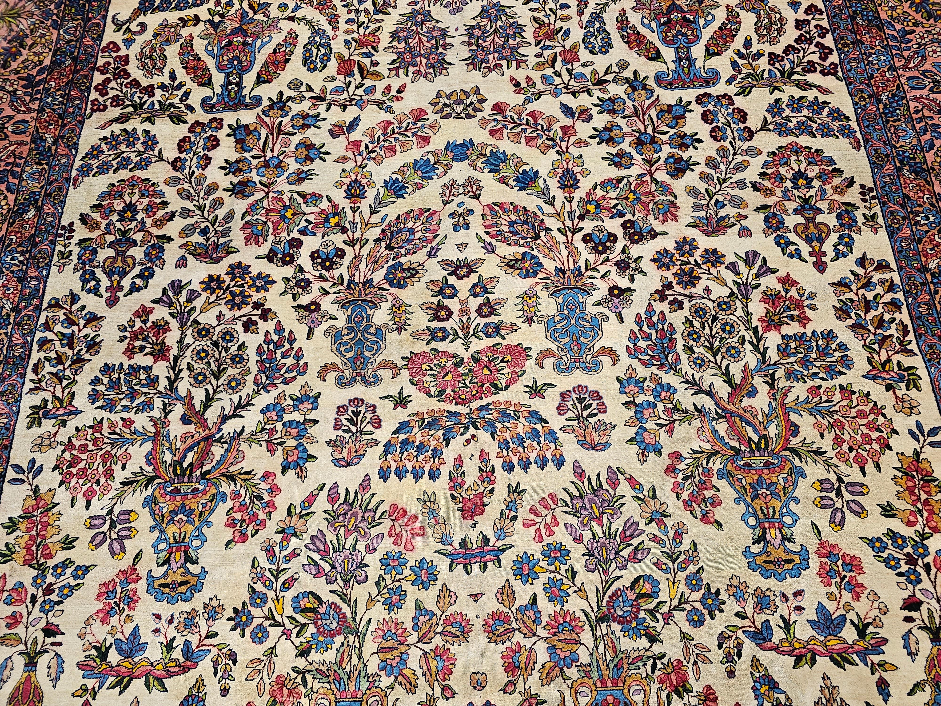 Wool Vintage Oversized Persian Kerman Lavar in Allover Pattern in Ivory, Pink, Blue For Sale