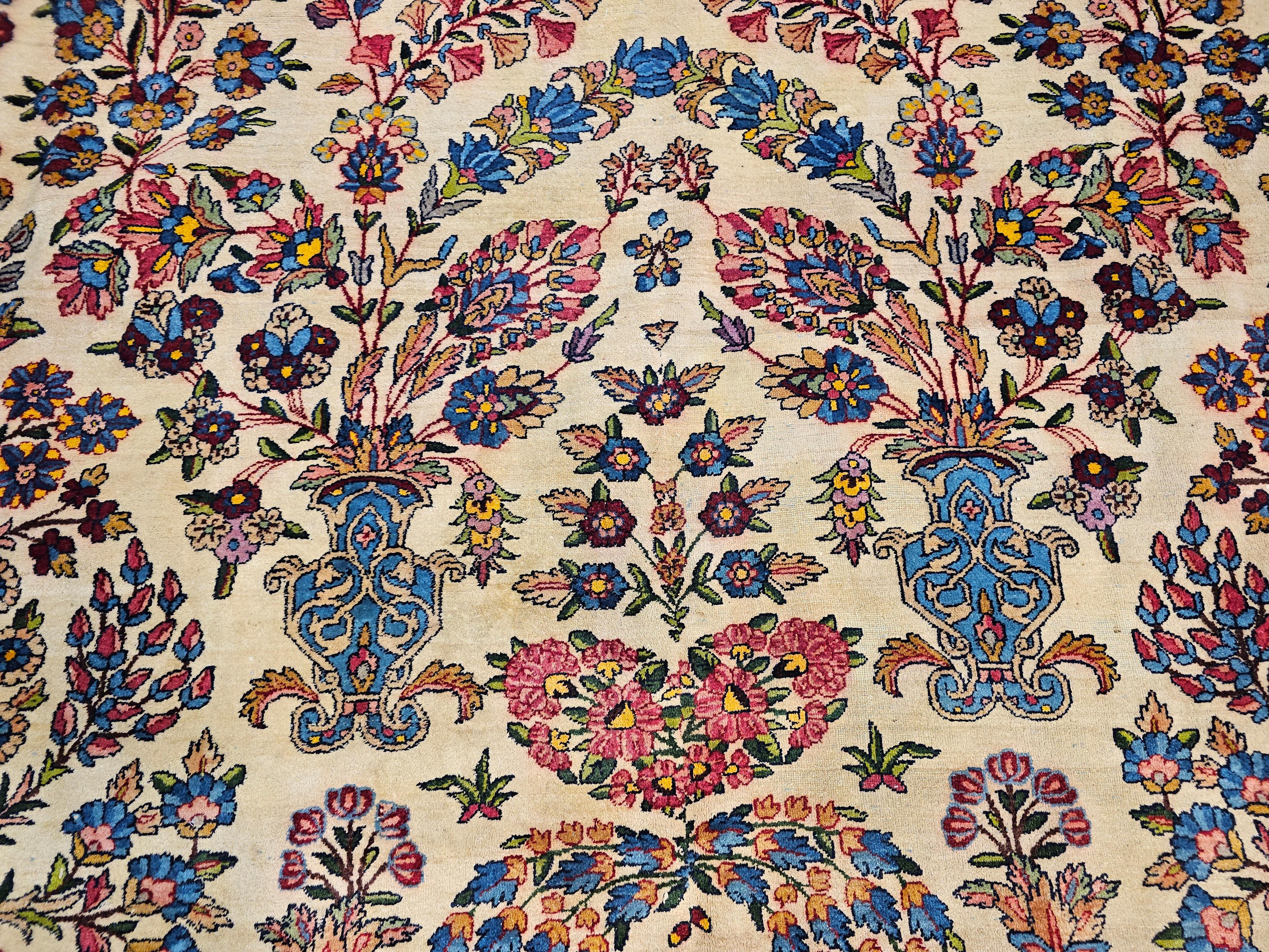 Vintage Oversized Persian Kerman Lavar in Allover Pattern in Ivory, Pink, Blue For Sale 3