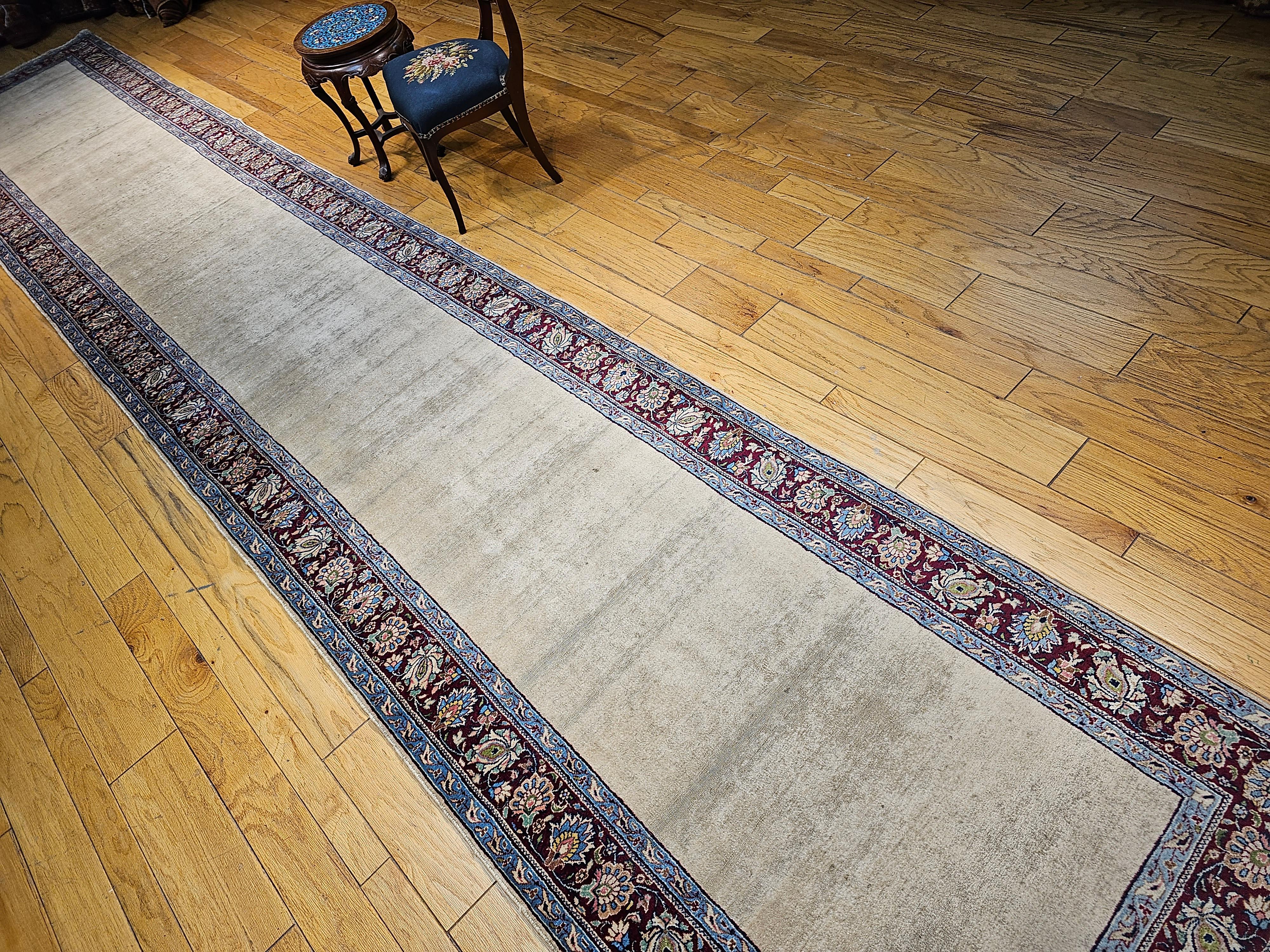 Vintage Persian Khorassan Long Open Field Runner in Ivory, Burgundy, Blue, Green For Sale 5