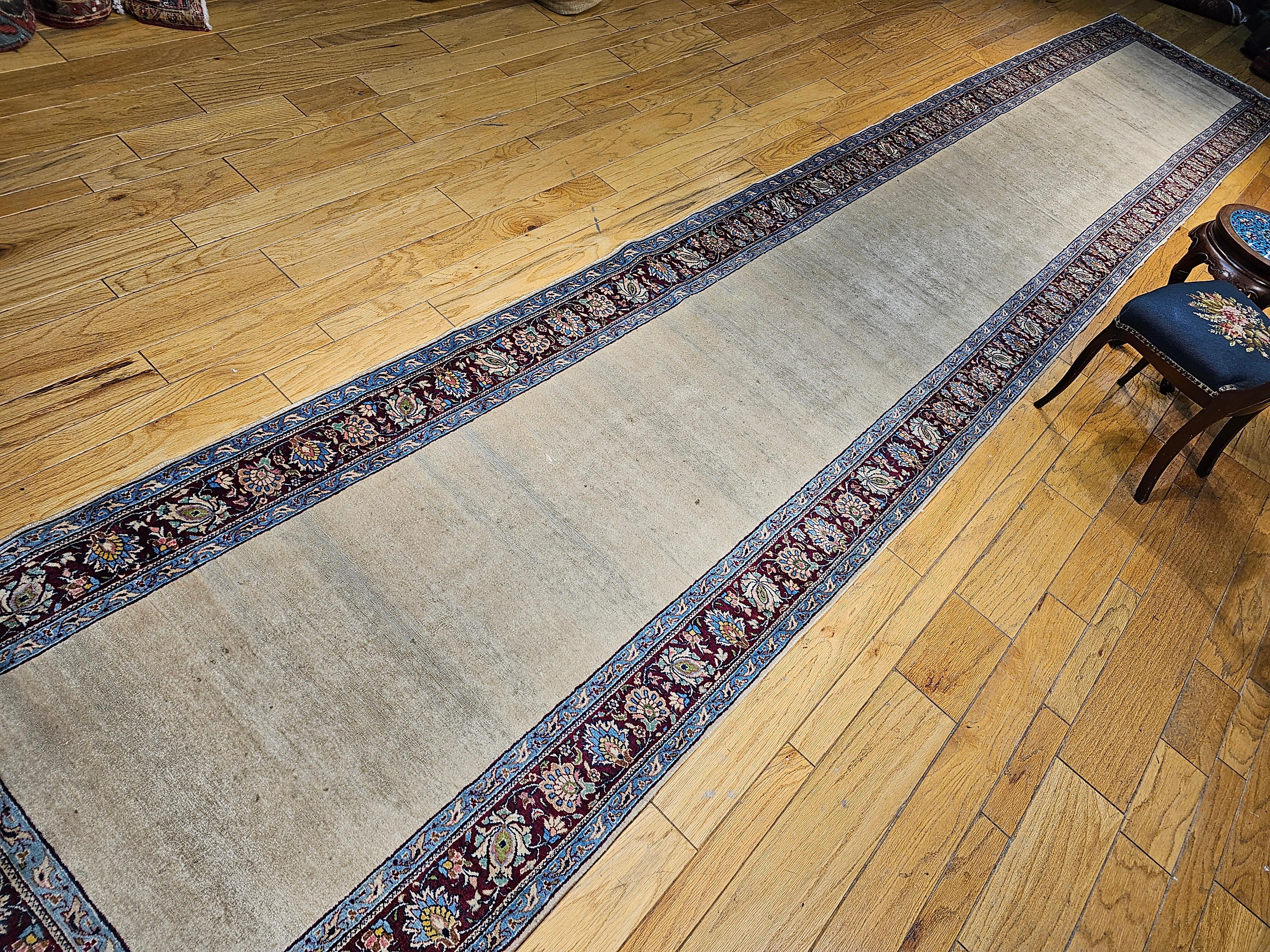 Vintage Persian Khorassan Long Open Field Runner in Ivory, Burgundy, Blue, Green For Sale 6