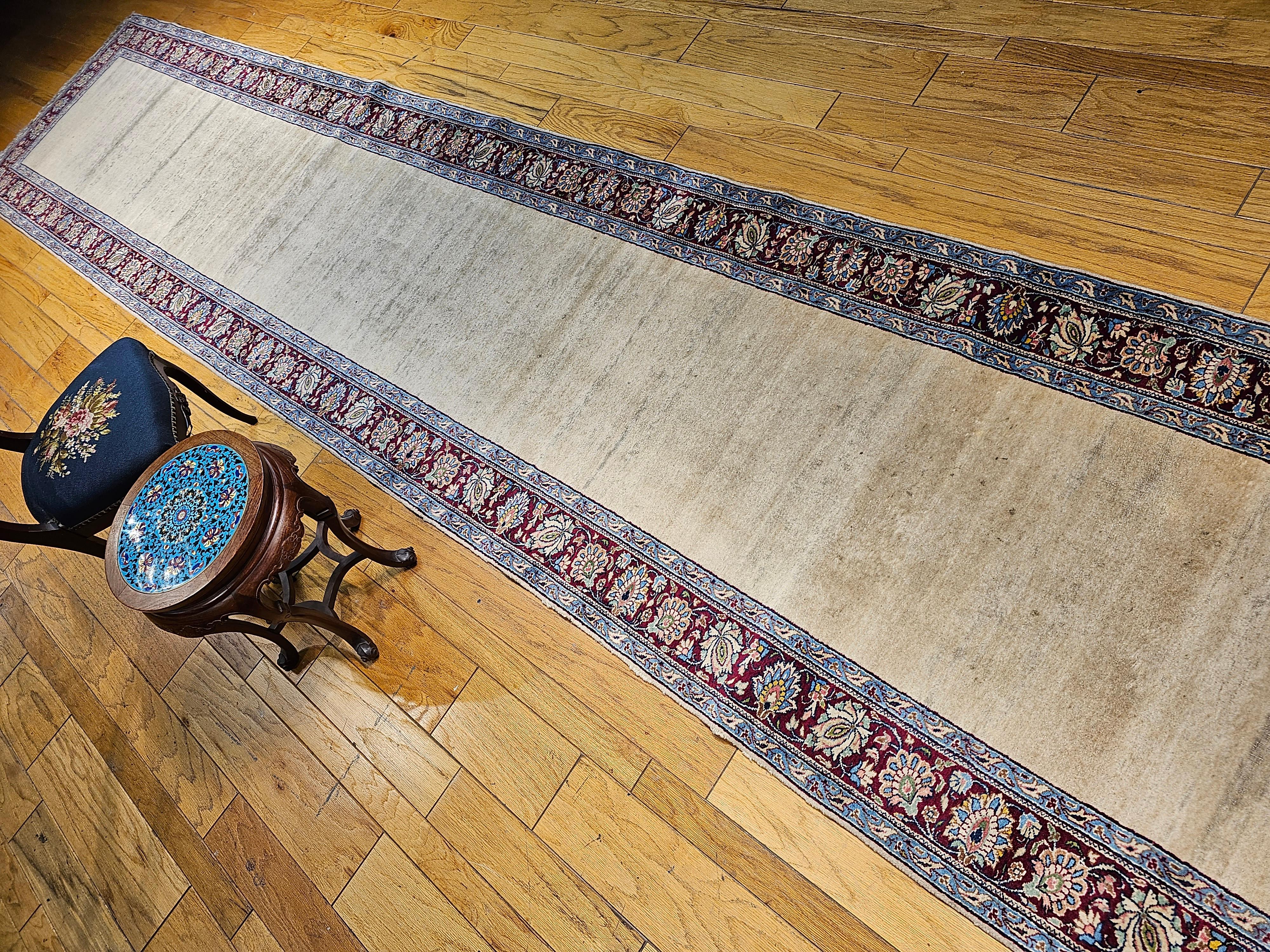 Vintage Persian Khorassan Long Open Field Runner in Ivory, Burgundy, Blue, Green For Sale 8