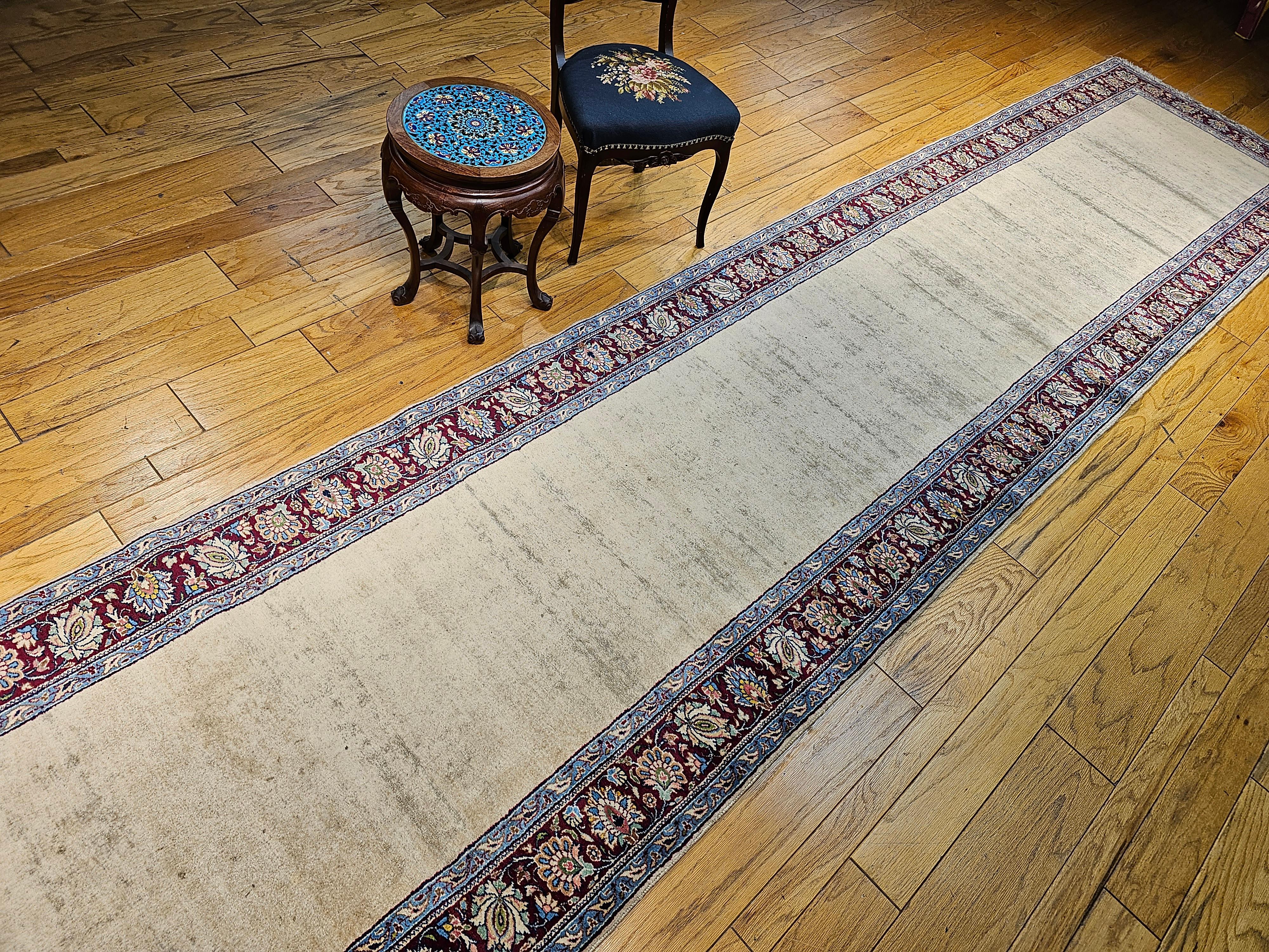 Vintage Persian Khorassan Long Open Field Runner in Ivory, Burgundy, Blue, Green For Sale 9