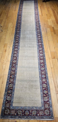 Vintage Persian Khorassan Extra Long Runner in Ivory, Burgundy, Blue