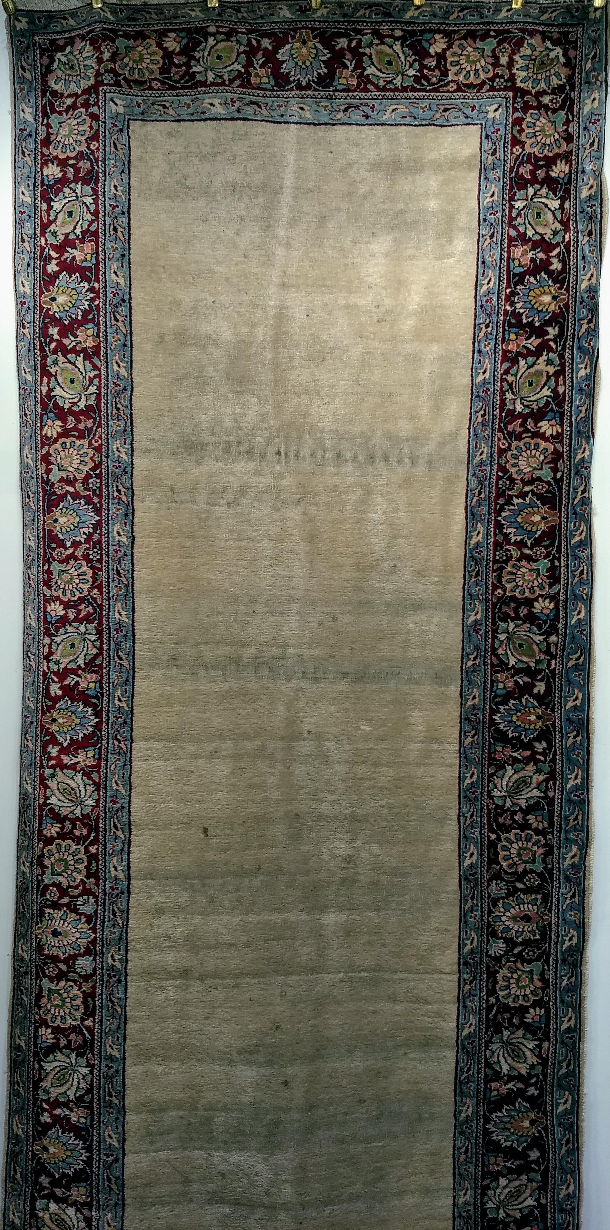 Hand-Knotted Vintage Persian Khorassan Long Open Field Runner in Ivory, Burgundy, Blue, Green For Sale