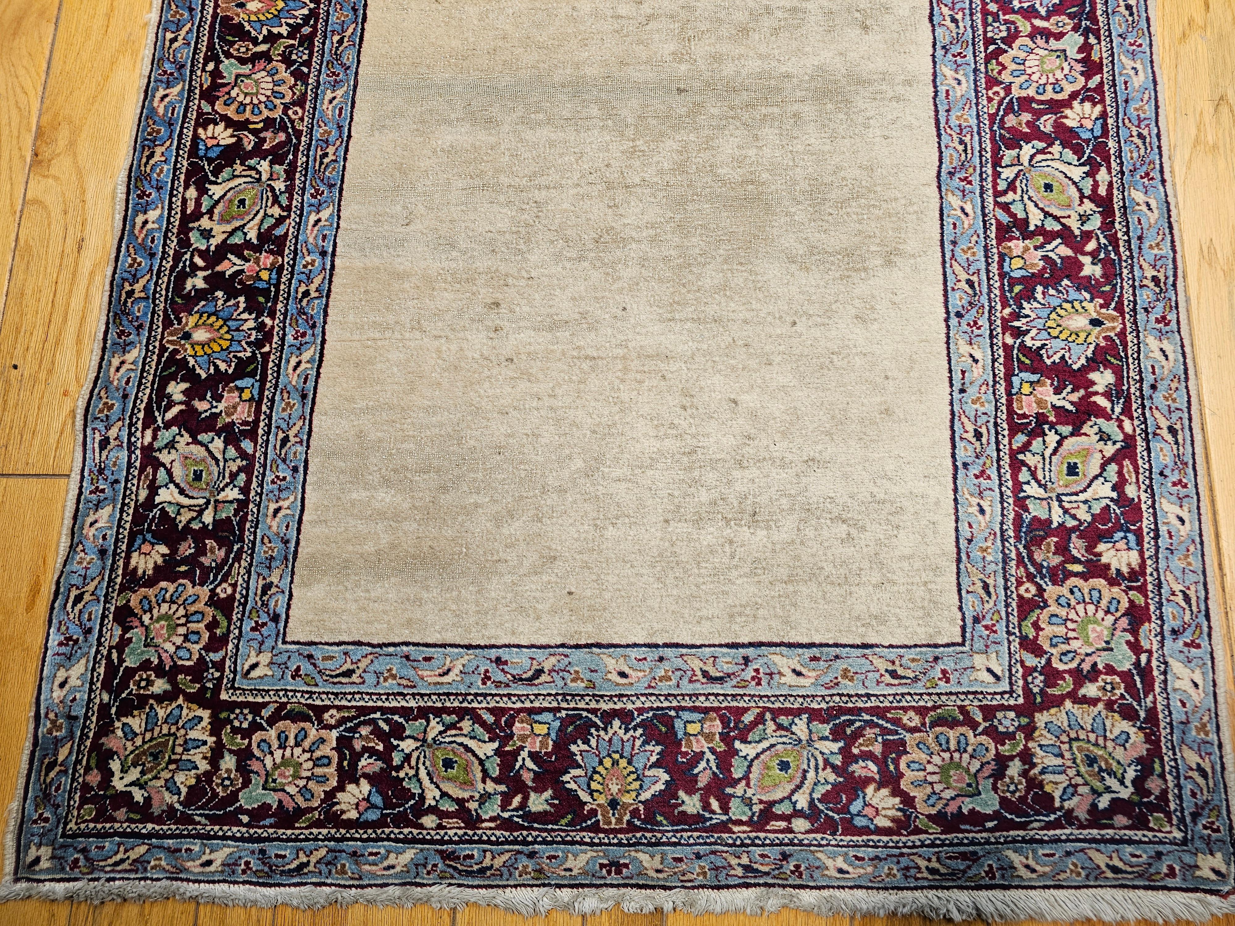 Vintage Persian Khorassan Long Open Field Runner in Ivory, Burgundy, Blue, Green For Sale 1