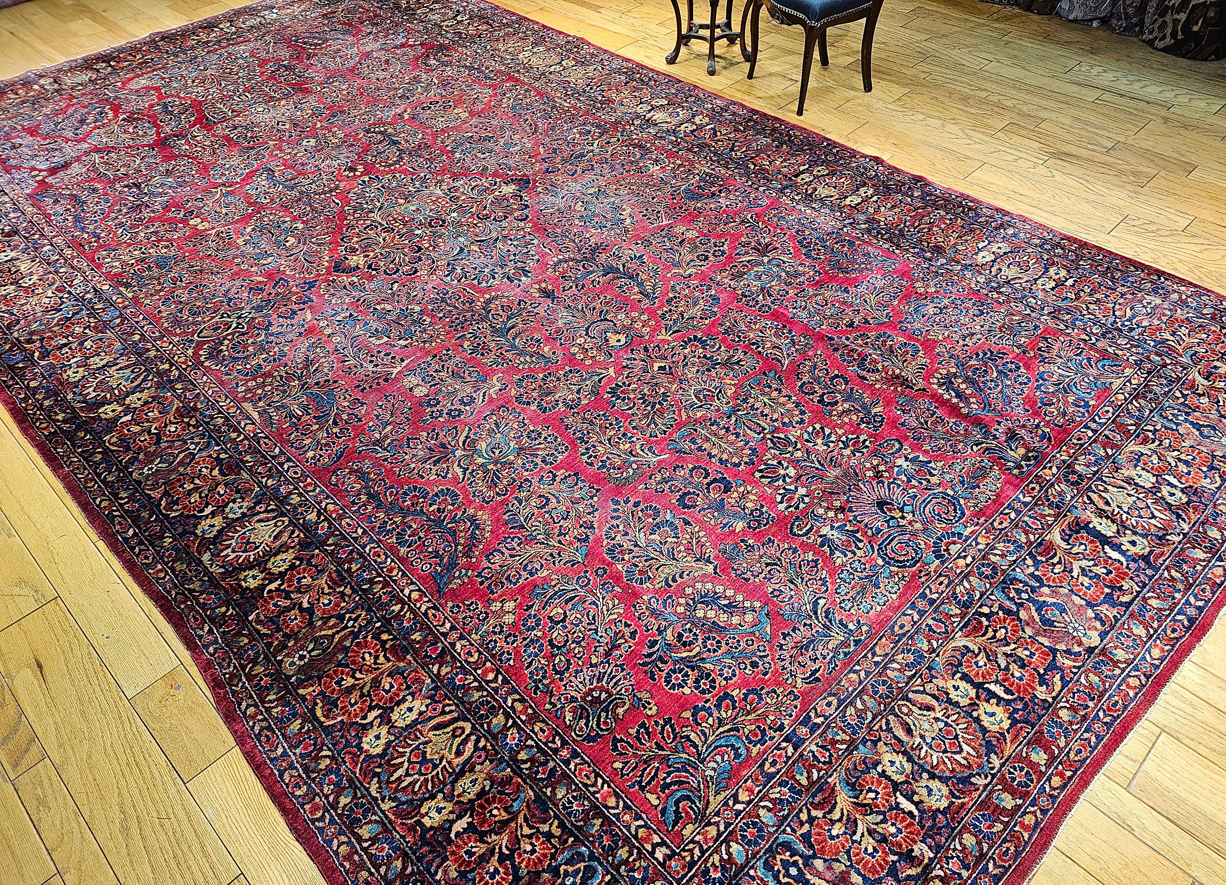 Vintage Oversized Persian Sarouk in Floral Pattern in Red, Navy, French Blue For Sale 5