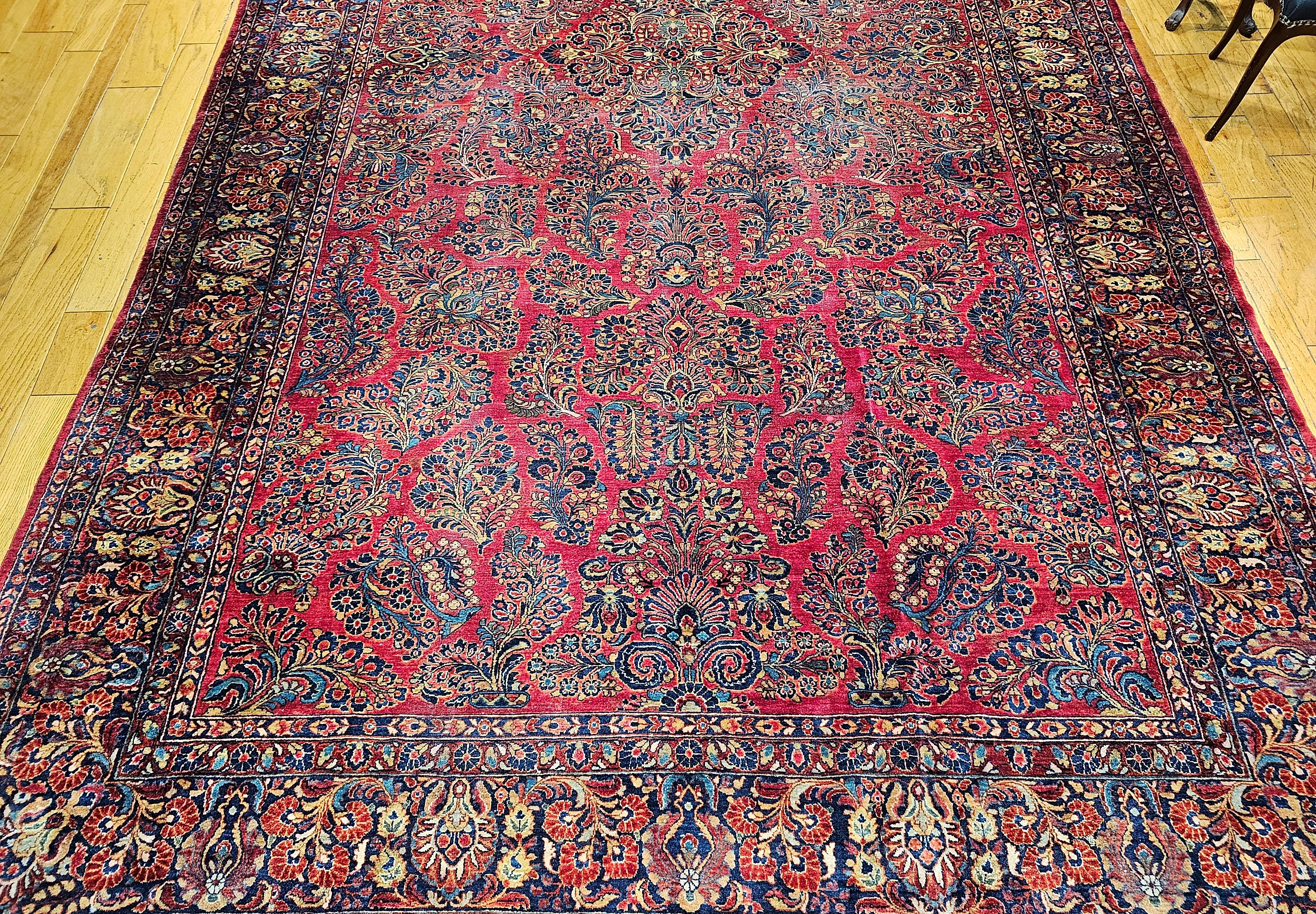 Vintage Oversized Persian Sarouk in Floral Pattern in Red, Navy, French Blue For Sale 6