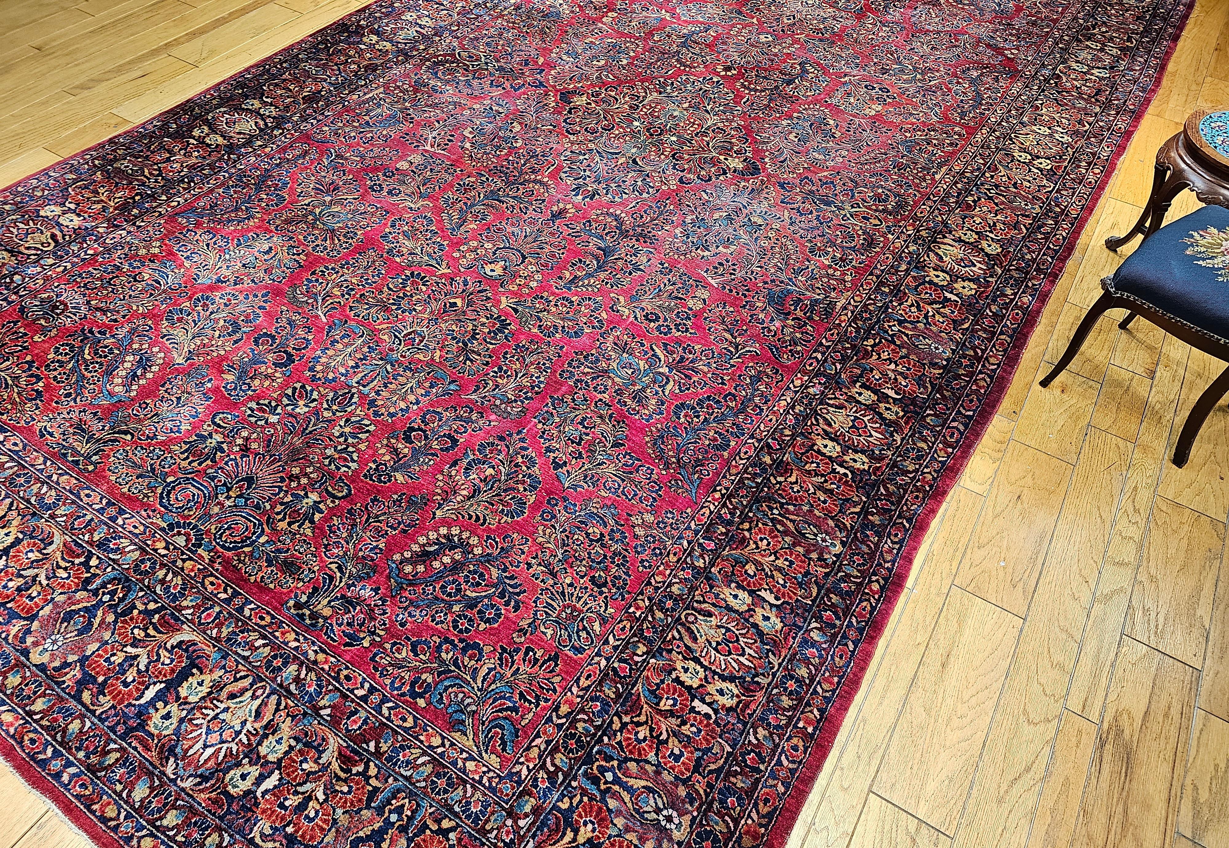 Vintage Oversized Persian Sarouk in Floral Pattern in Red, Navy, French Blue For Sale 7