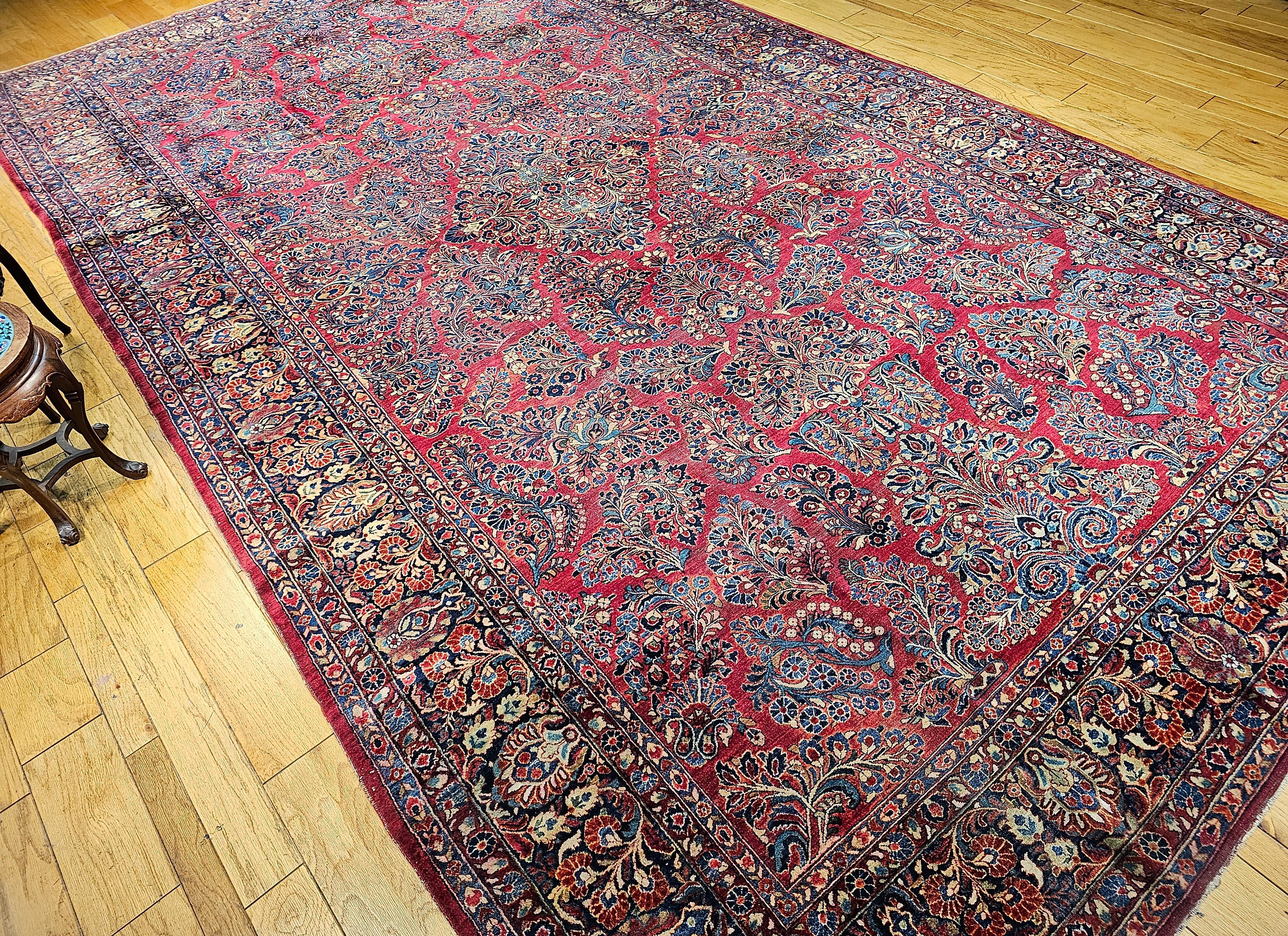 Vintage Oversized Persian Sarouk in Floral Pattern in Red, Navy, French Blue For Sale 8