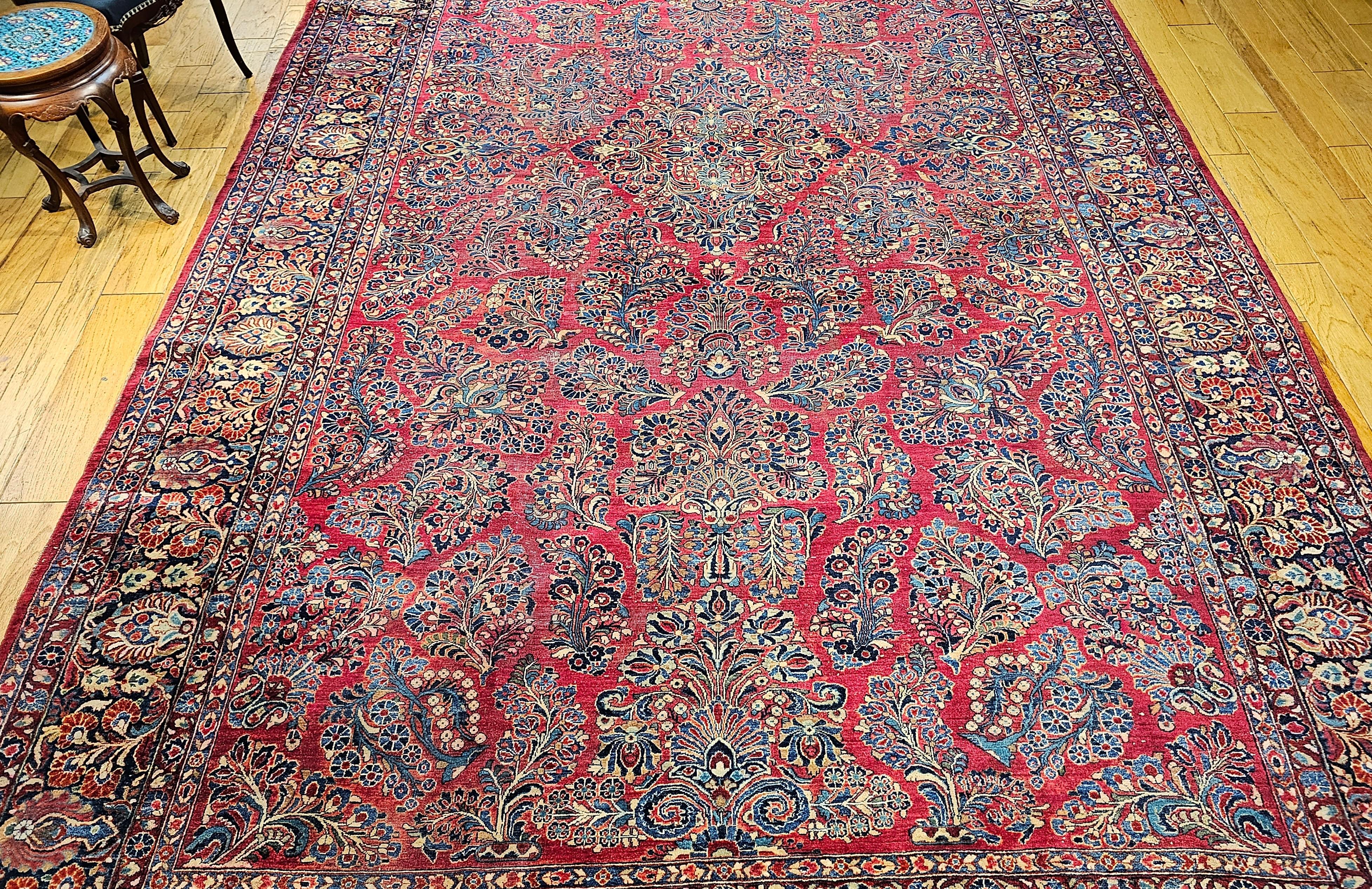 Vintage Oversized Persian Sarouk in Floral Pattern in Red, Navy, French Blue For Sale 9
