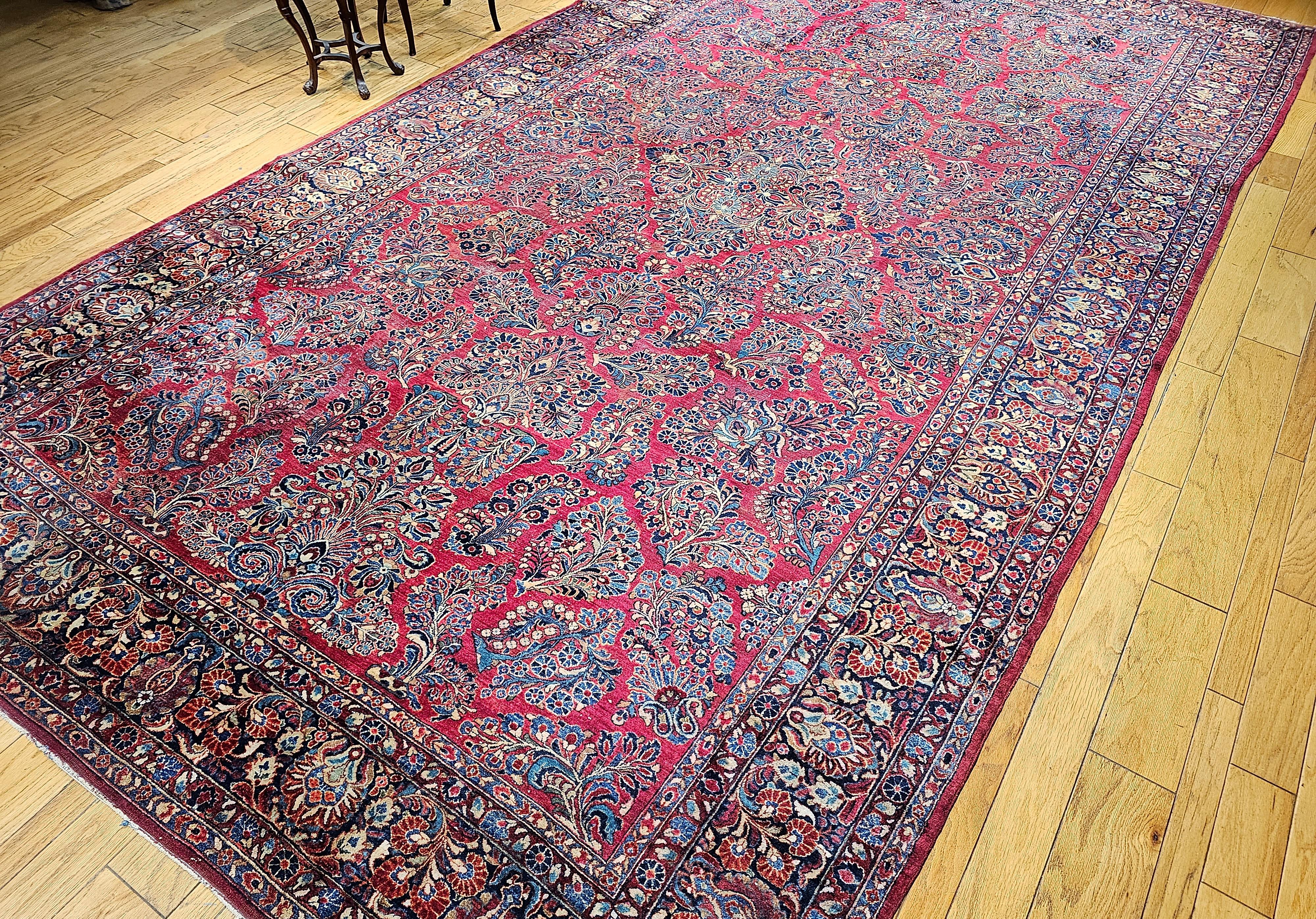 Vintage Oversized Persian Sarouk in Floral Pattern in Red, Navy, French Blue For Sale 10