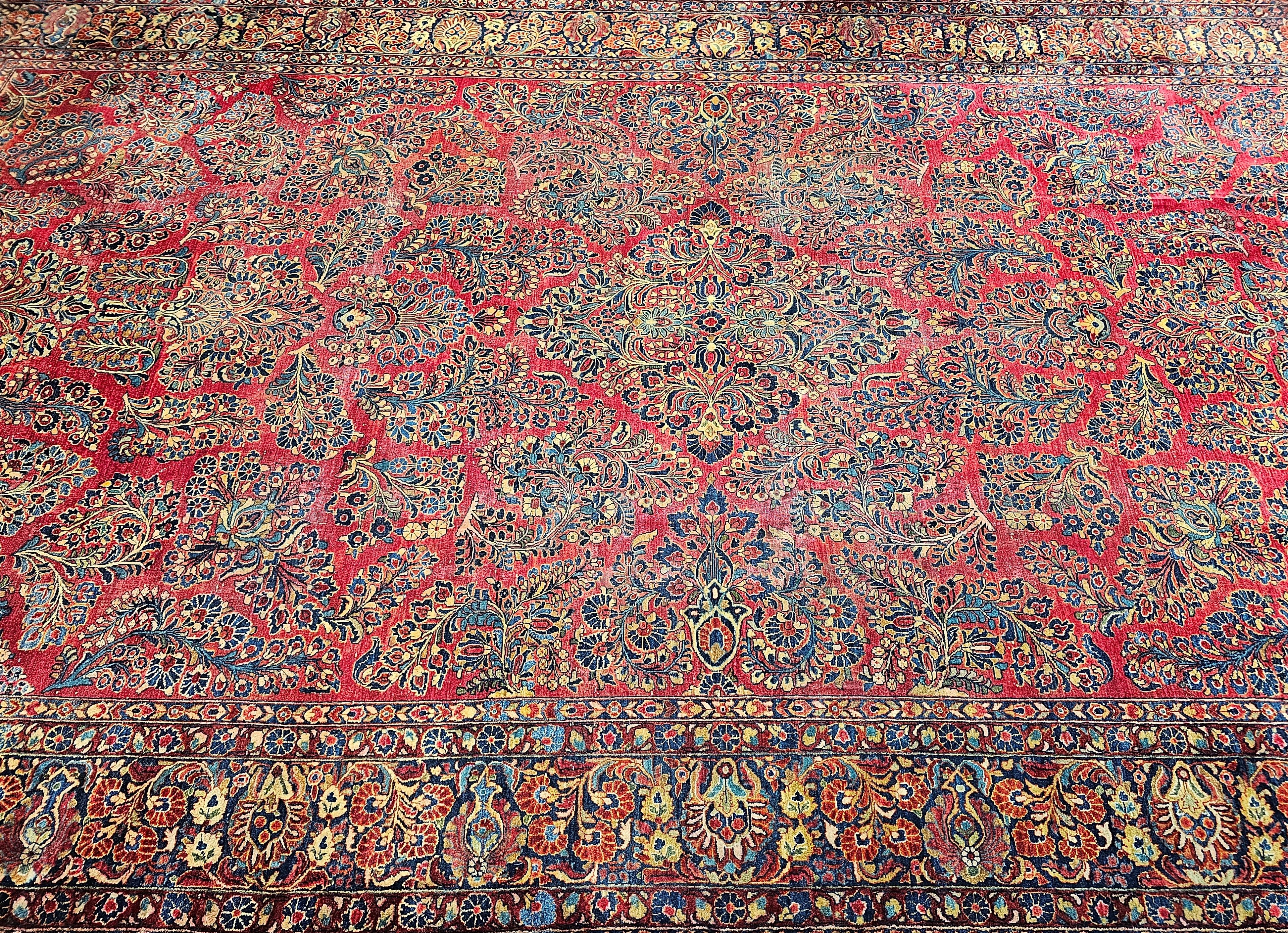 Vintage Oversized Persian Sarouk in Floral Pattern in Red, Navy, French Blue For Sale 11