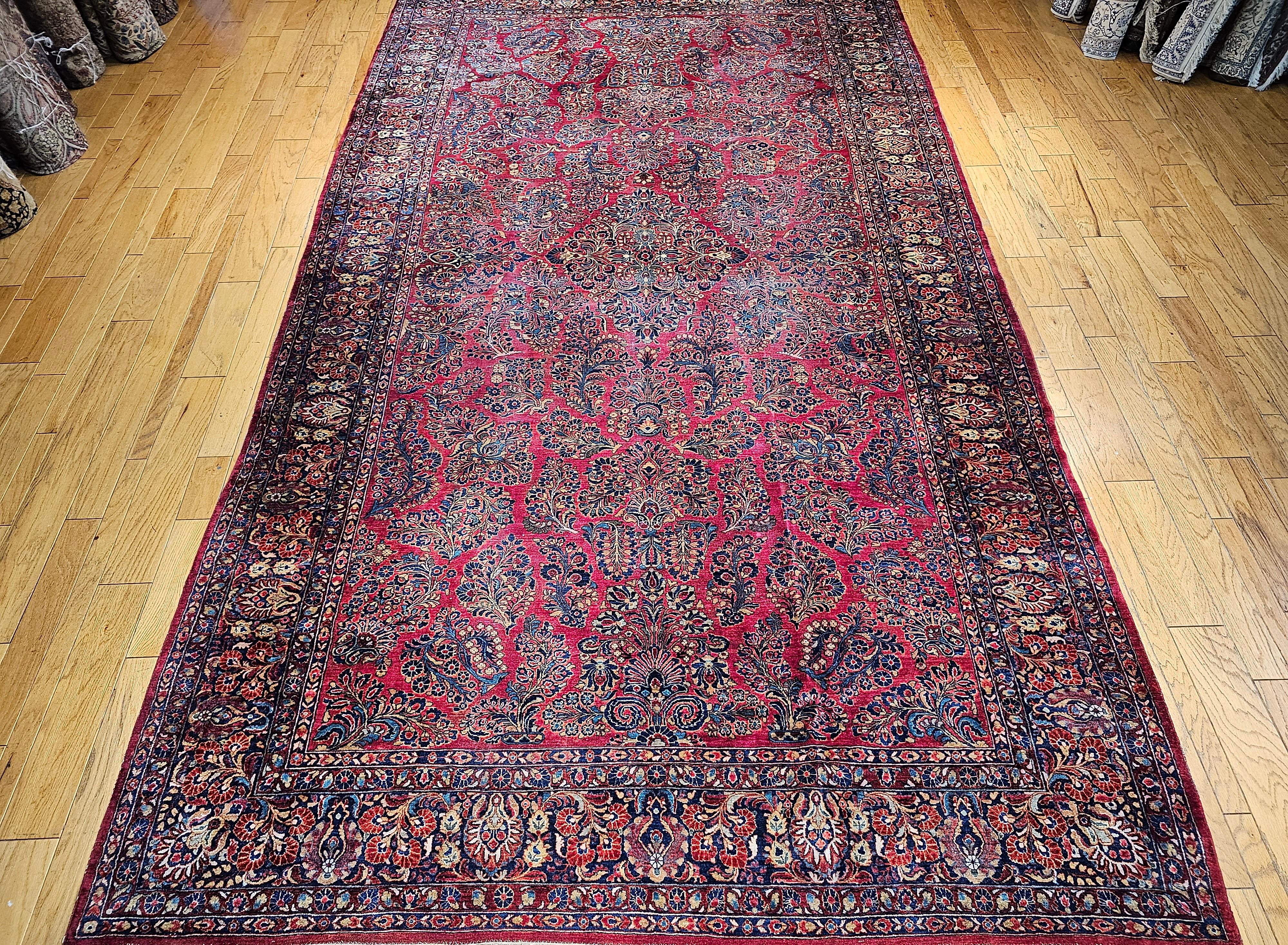 Vintage Oversized Persian Sarouk in Floral Pattern in Red, Navy, French Blue For Sale 12