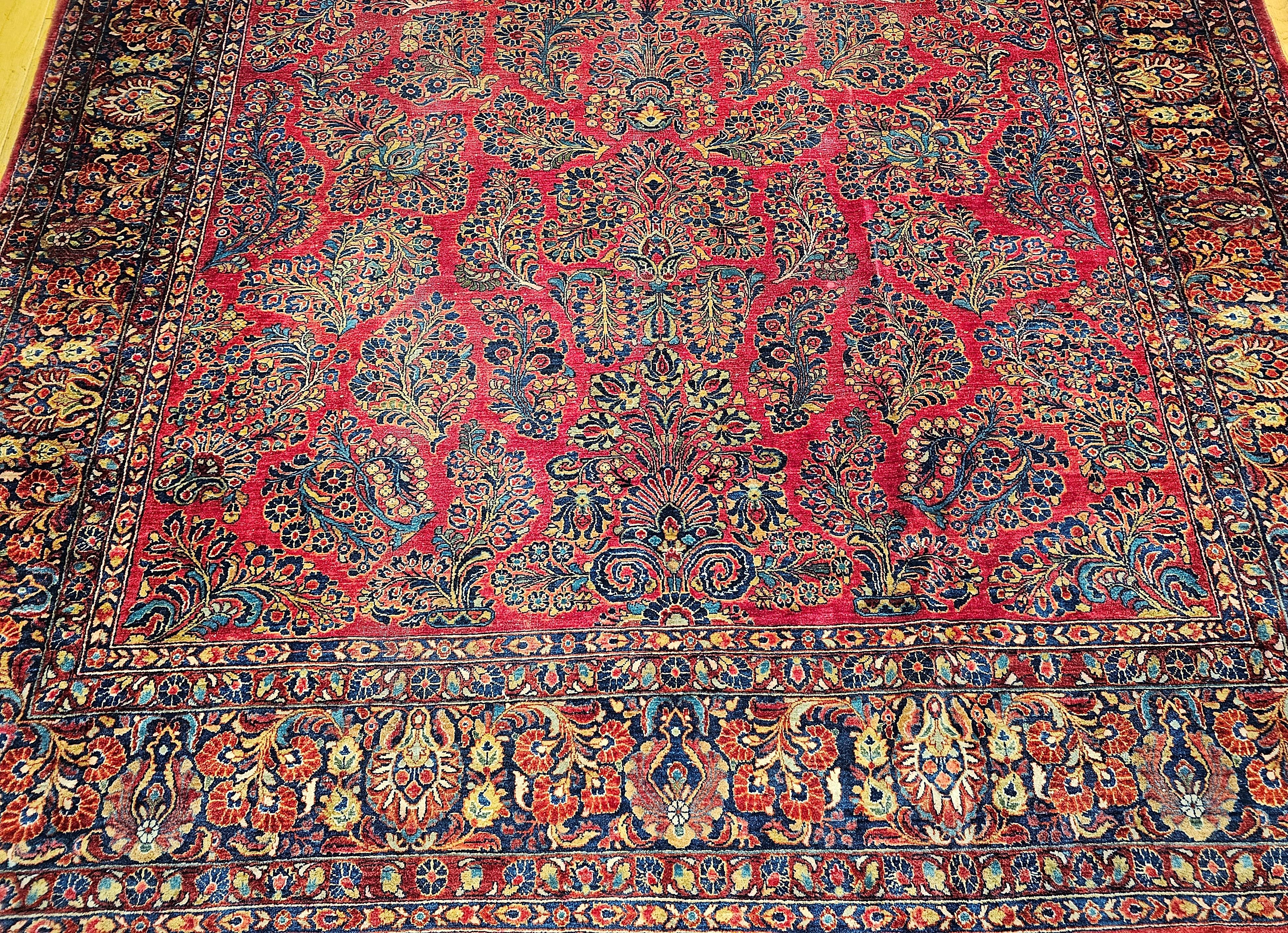 Hand-Woven Vintage Oversized Persian Sarouk in Floral Pattern in Red, Navy, French Blue For Sale