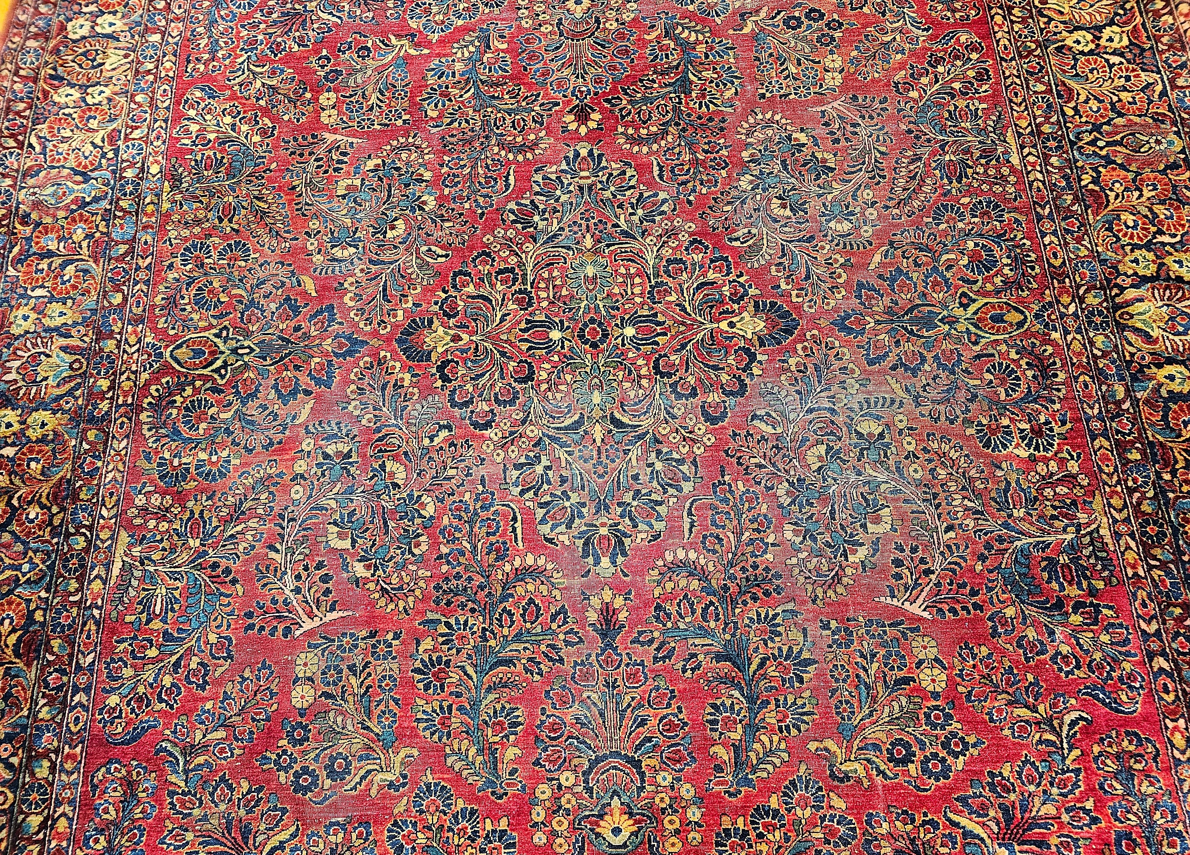 Vintage Oversized Persian Sarouk in Floral Pattern in Red, Navy, French Blue In Good Condition For Sale In Barrington, IL