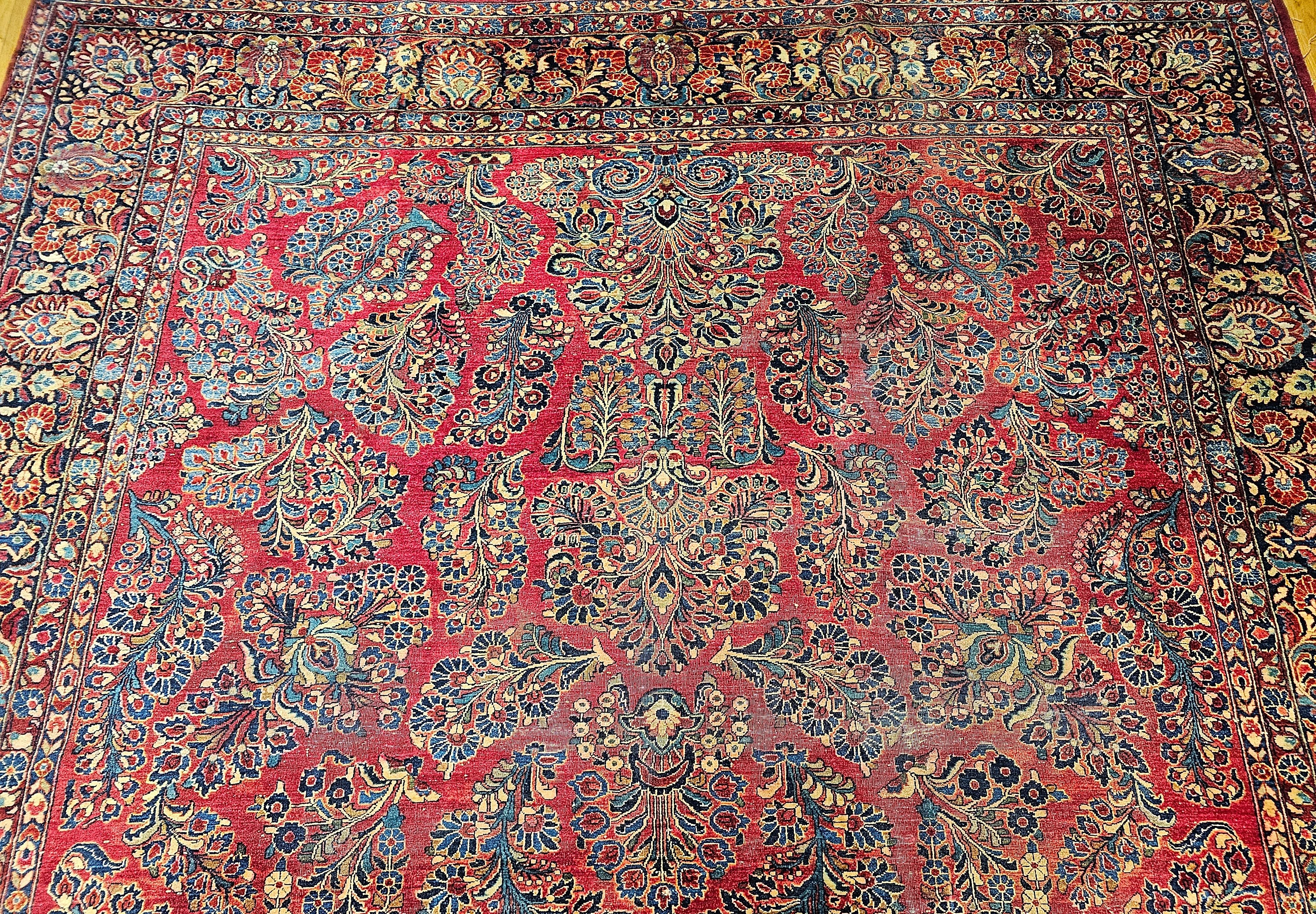 20th Century Vintage Oversized Persian Sarouk in Floral Pattern in Red, Navy, French Blue For Sale