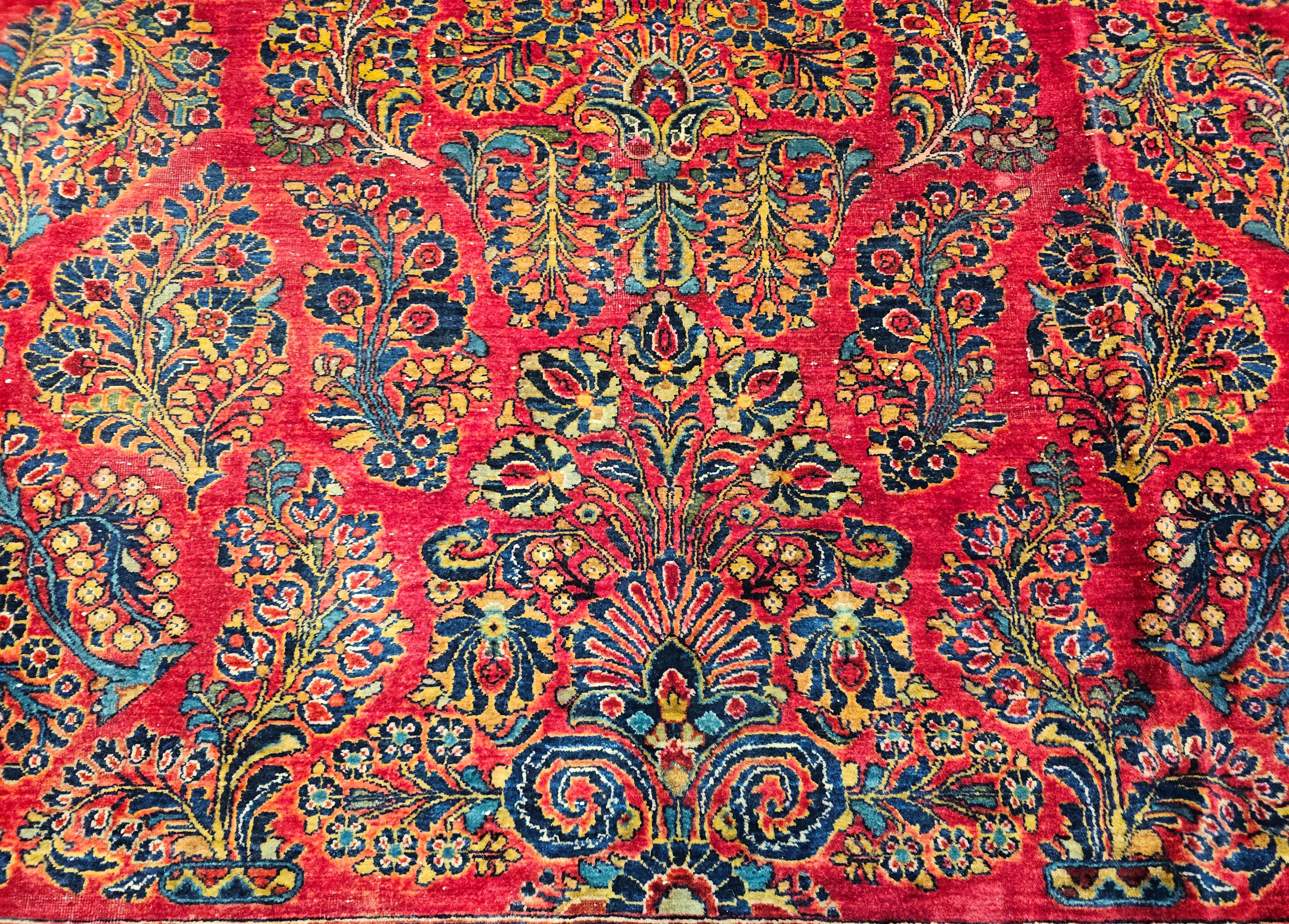 Wool Vintage Oversized Persian Sarouk in Floral Pattern in Red, Navy, French Blue For Sale