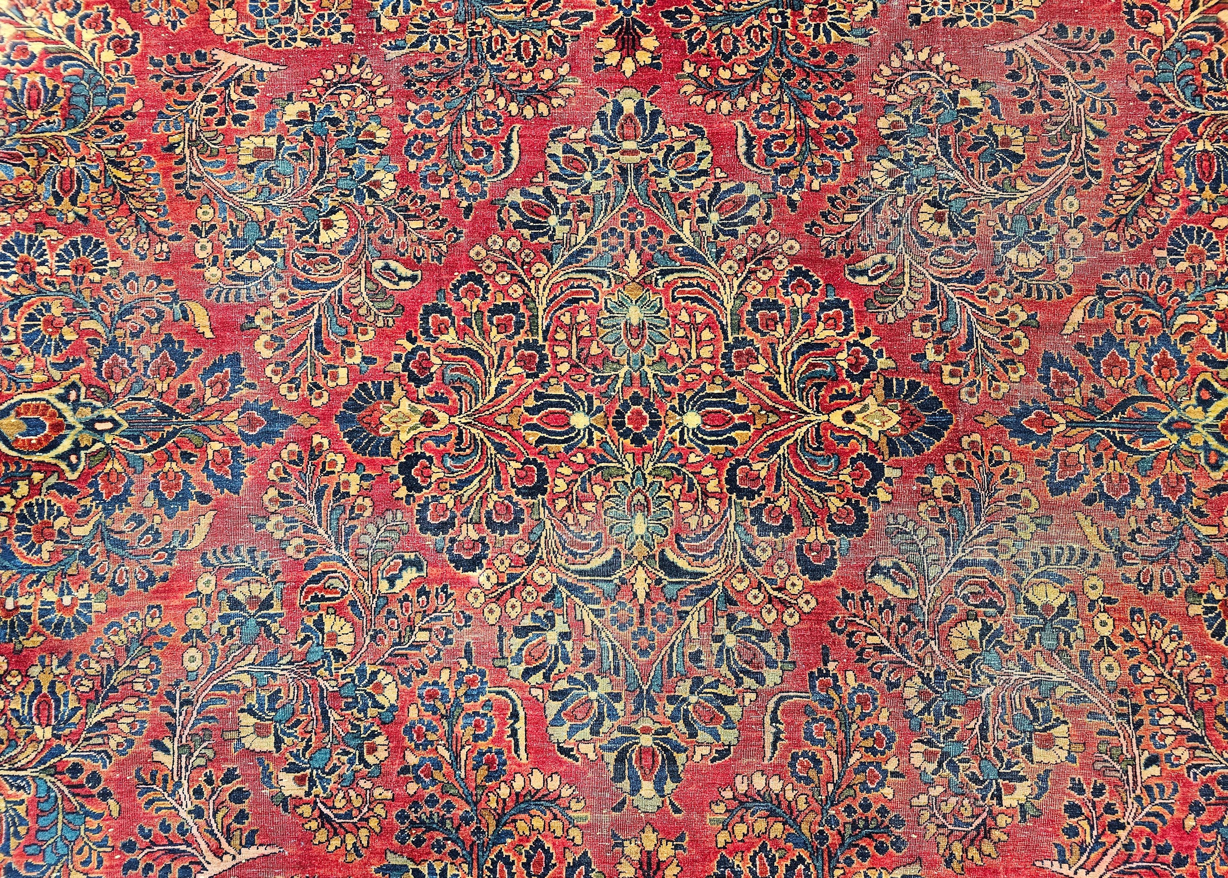 Vintage Oversized Persian Sarouk in Floral Pattern in Red, Navy, French Blue For Sale 2