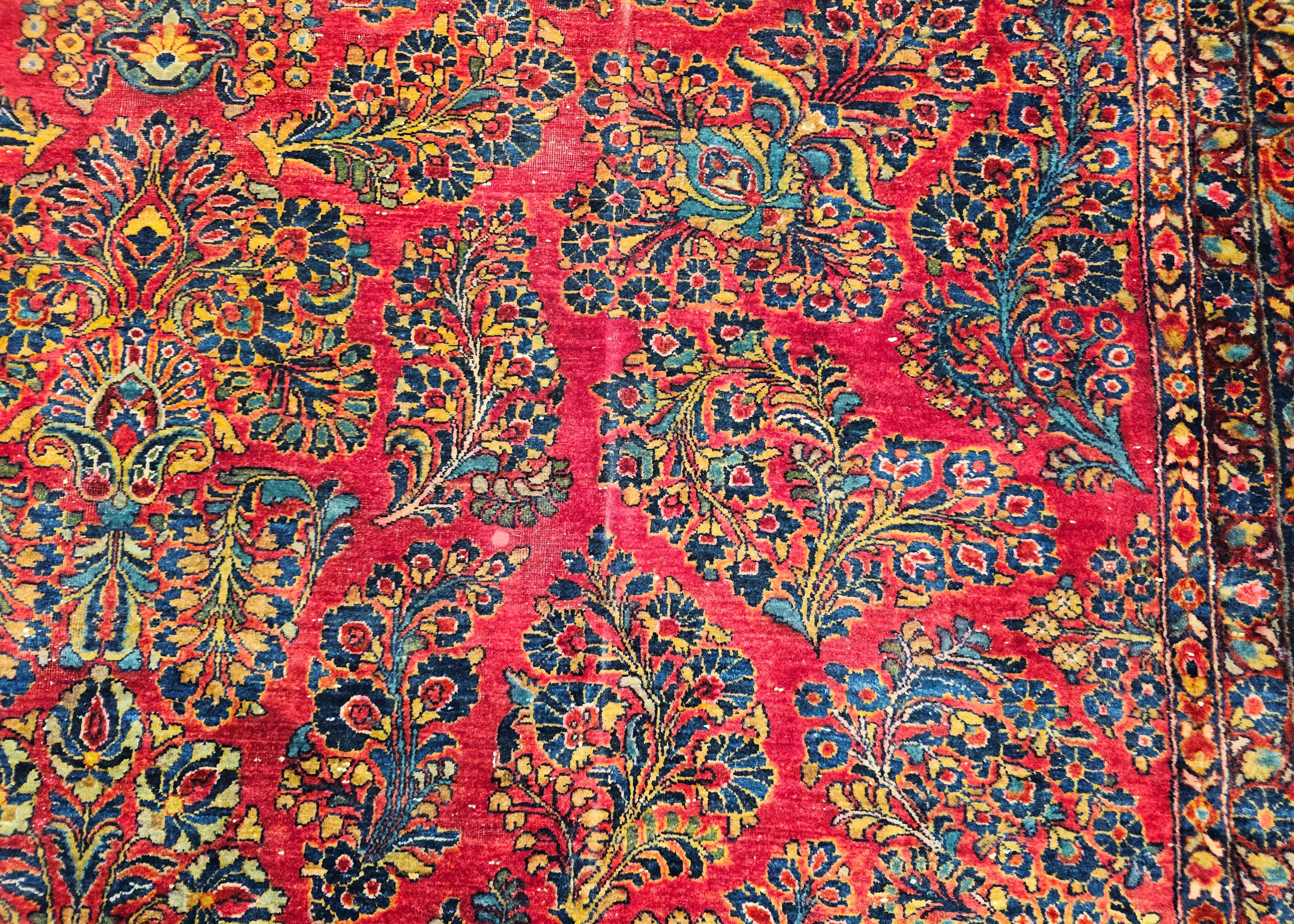 Vintage Oversized Persian Sarouk in Floral Pattern in Red, Navy, French Blue For Sale 3