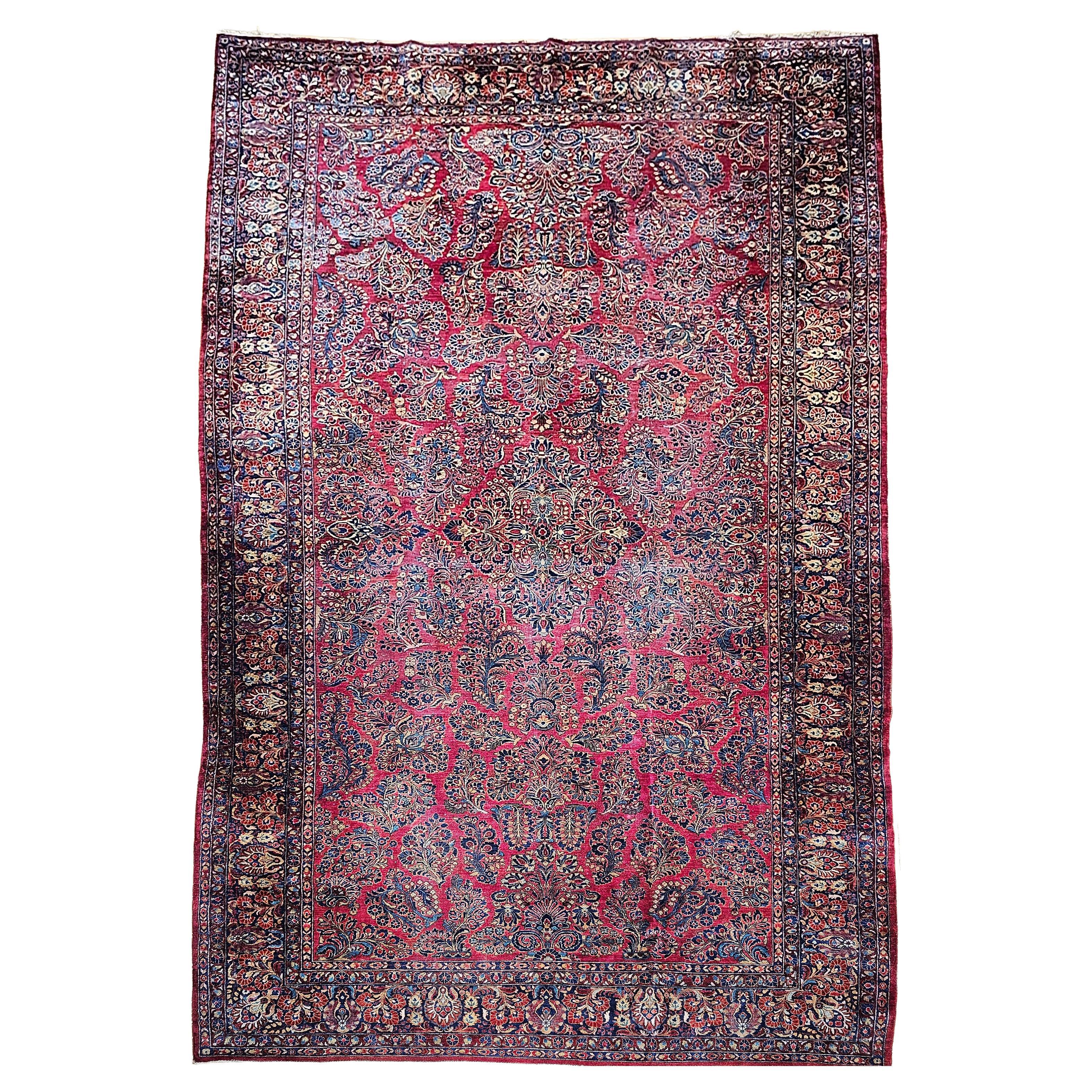 Vintage Oversized Persian Sarouk in Floral Pattern in Red, Navy, French Blue For Sale