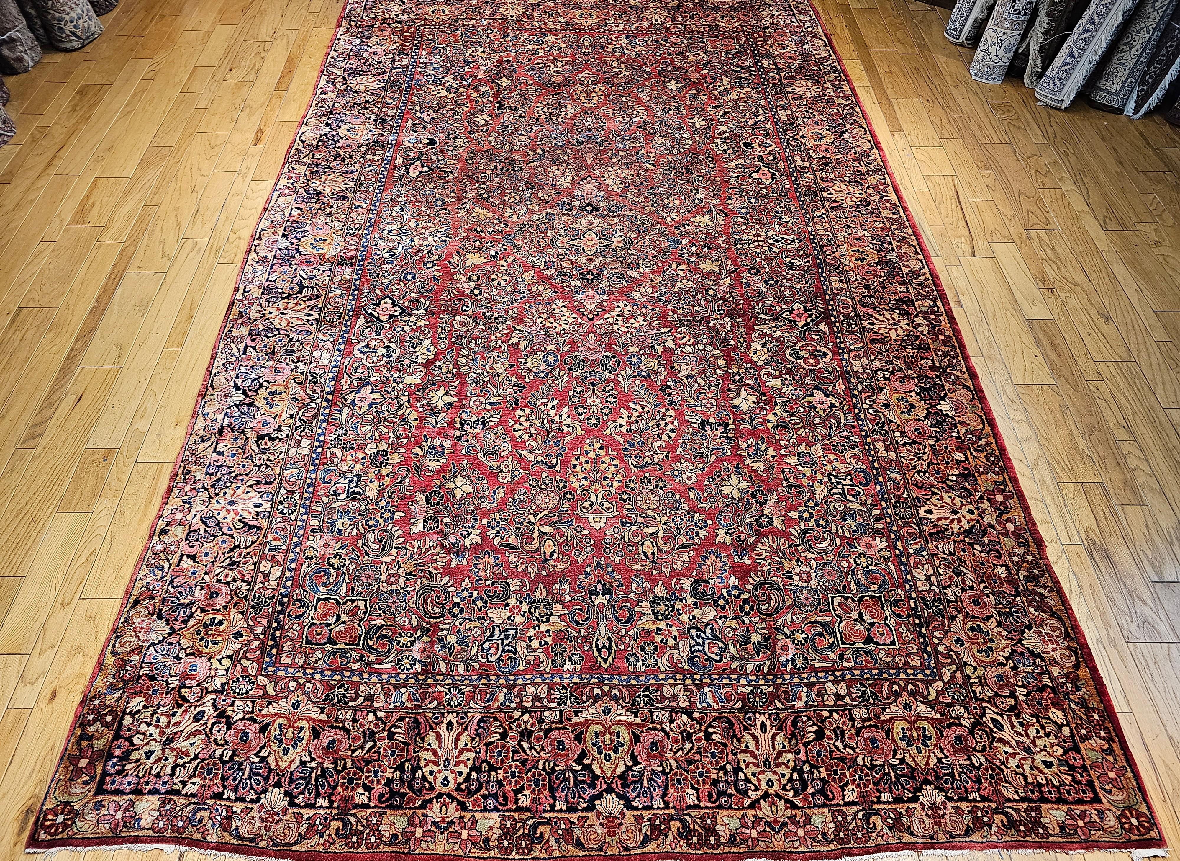 Vintage Oversized Persian Sarouk in Allover Pattern in Dark Red, Navy, Blue For Sale 13