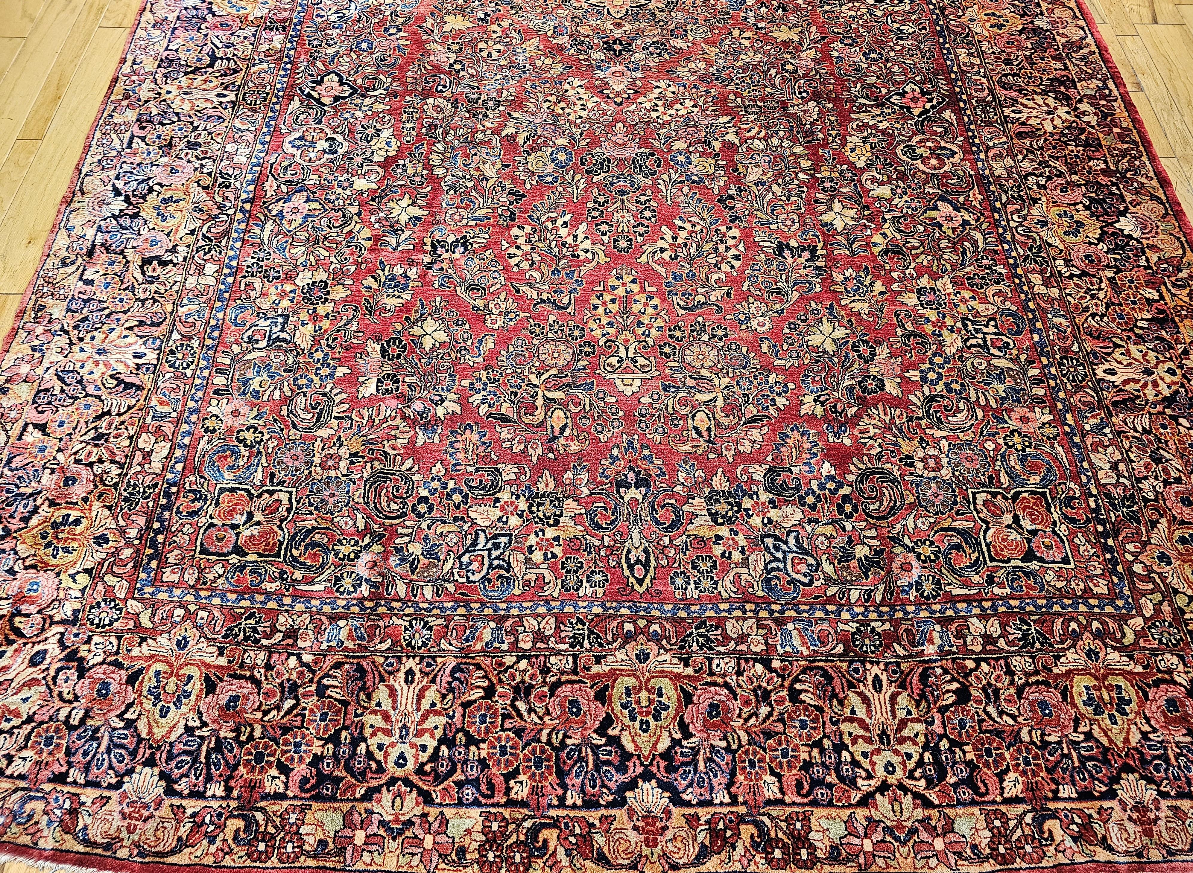 Hand-Knotted Vintage Oversized Persian Sarouk in Allover Pattern in Dark Red, Navy, Blue For Sale
