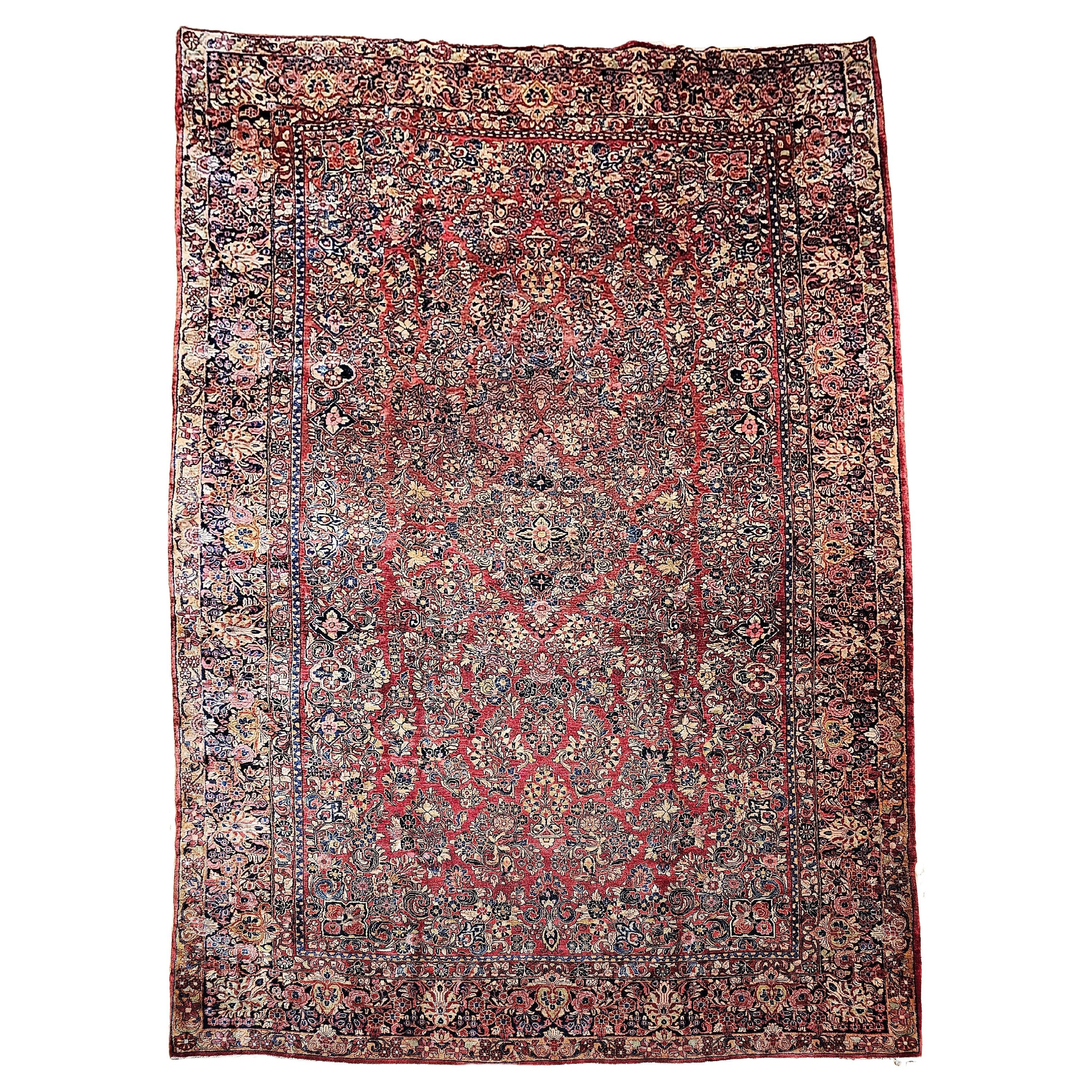 Vintage Oversized Persian Sarouk in Allover Pattern in Dark Red, Navy, Blue
