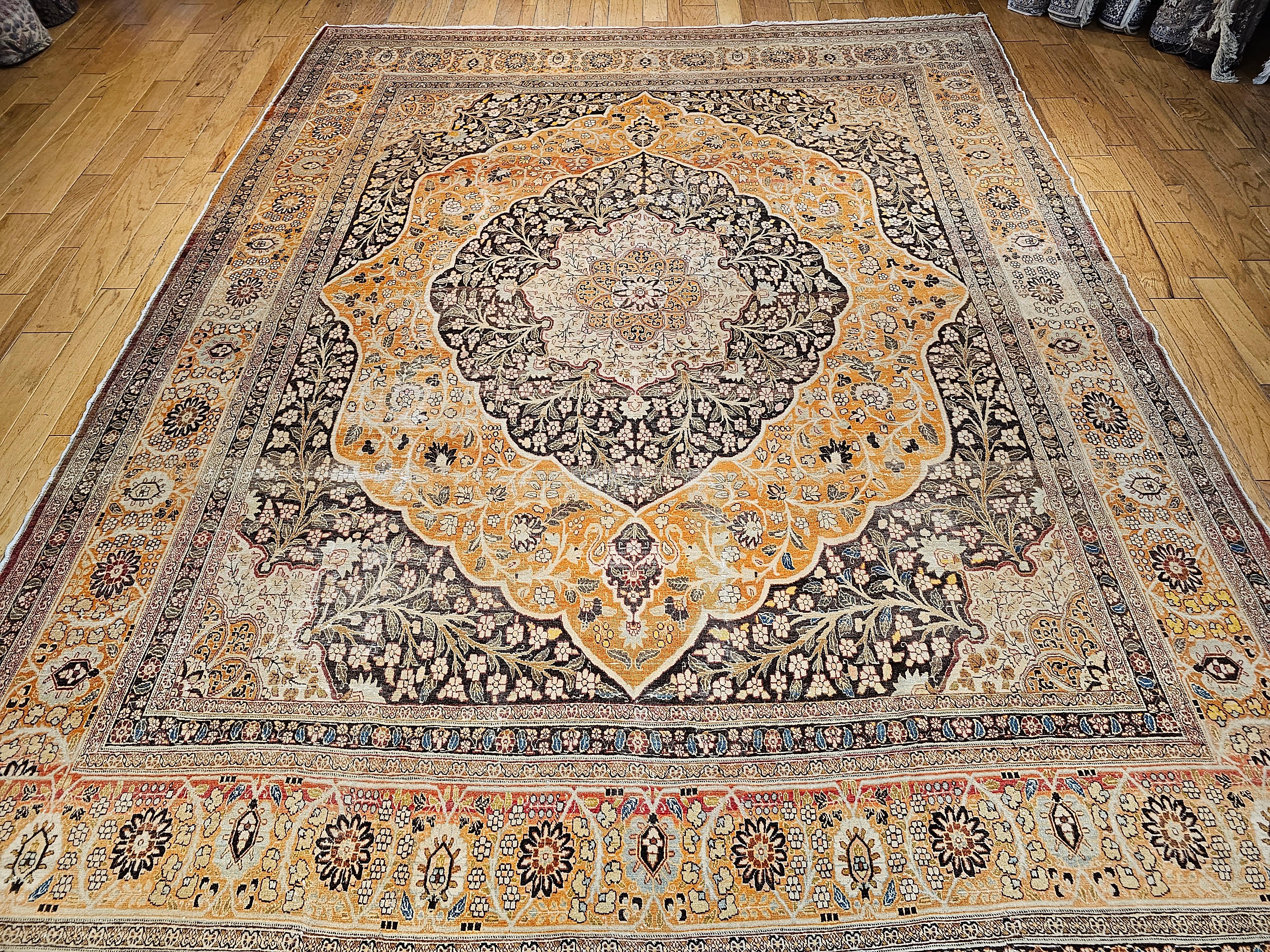 Vintage Oversized Persian Tabriz in Coral, Brown, Honey, Yellow, Blue For Sale 5