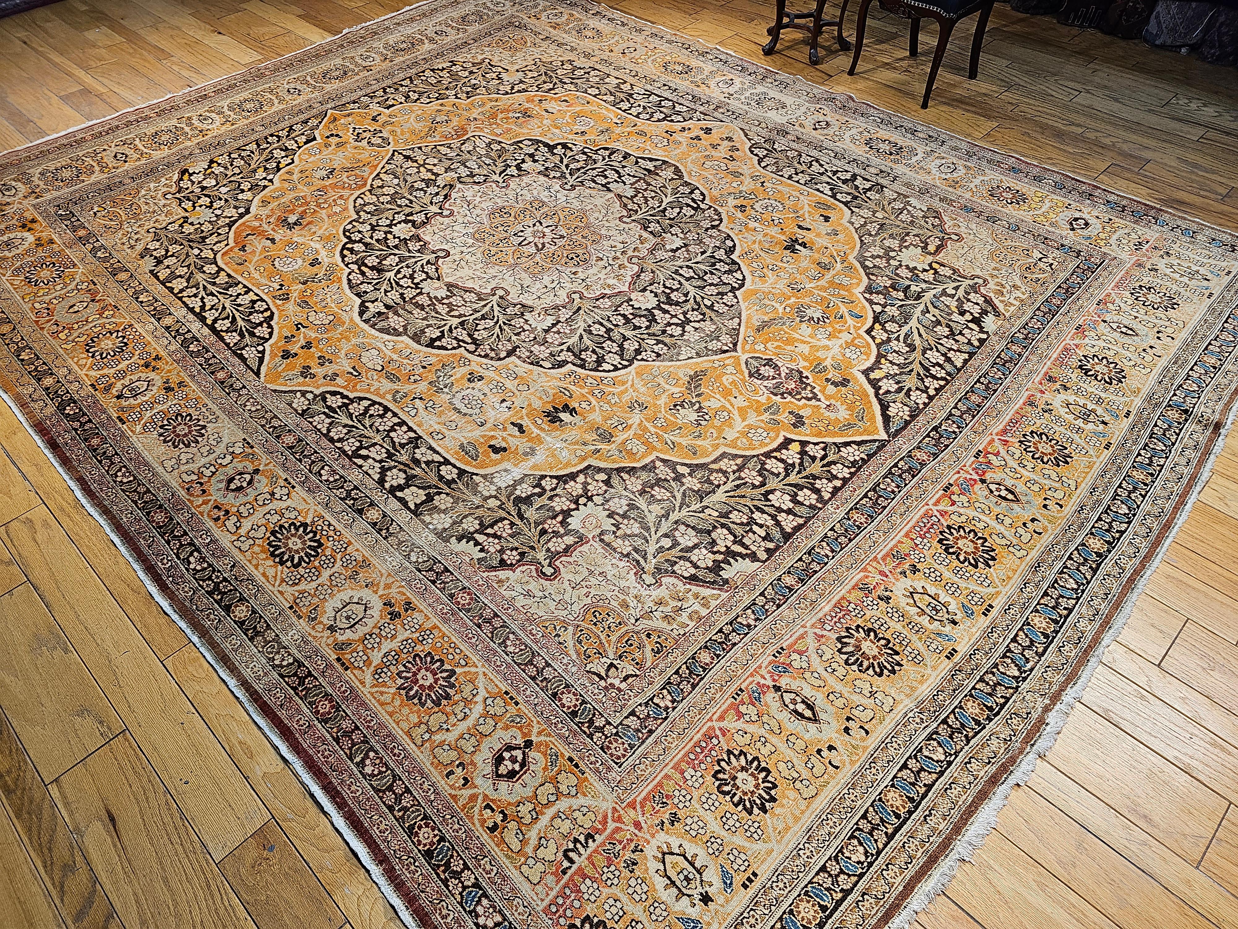 Vintage Oversized Persian Tabriz in Coral, Brown, Honey, Yellow, Blue For Sale 6
