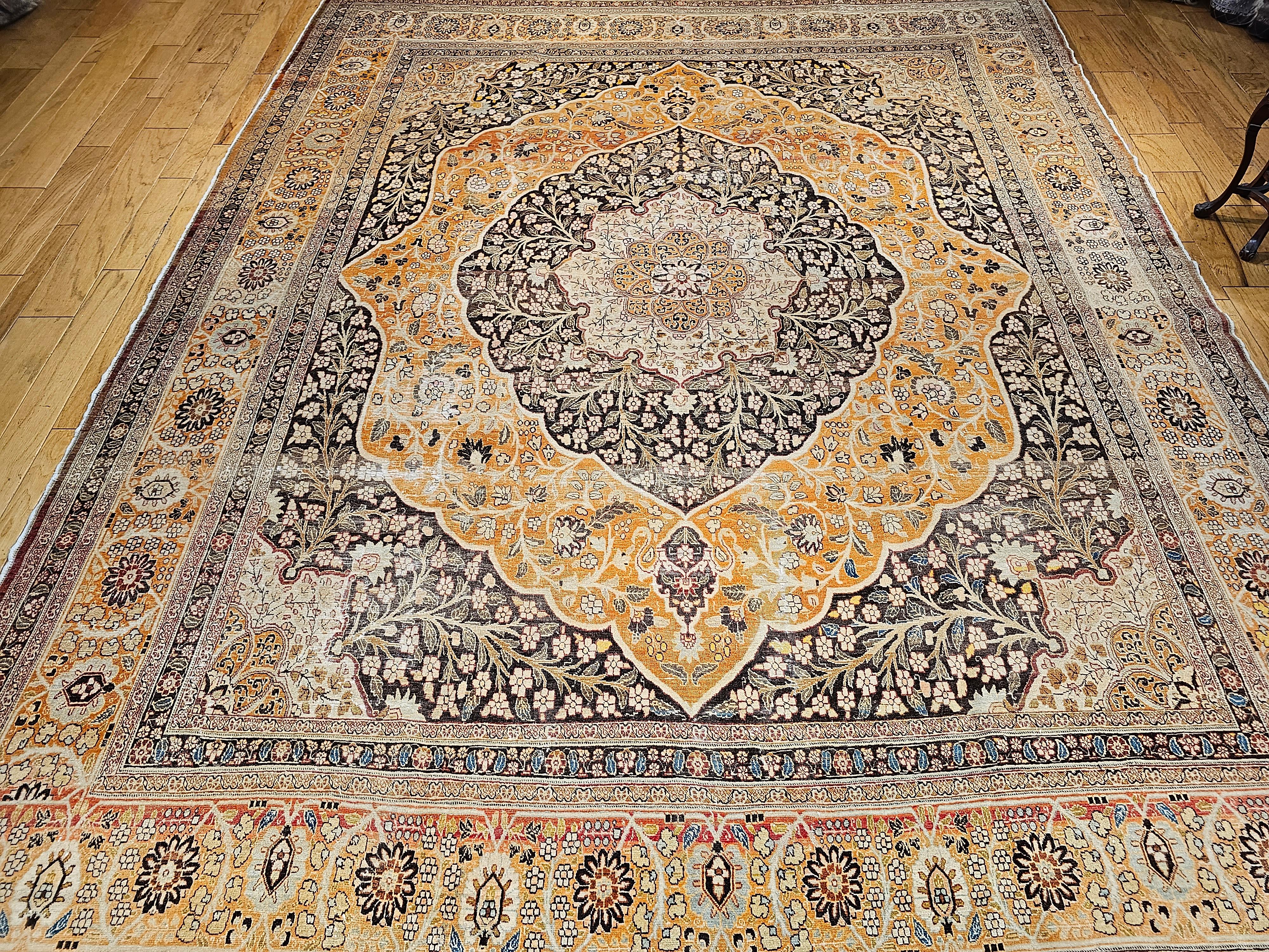 Vintage Oversized Persian Tabriz in Coral, Brown, Honey, Yellow, Blue For Sale 7