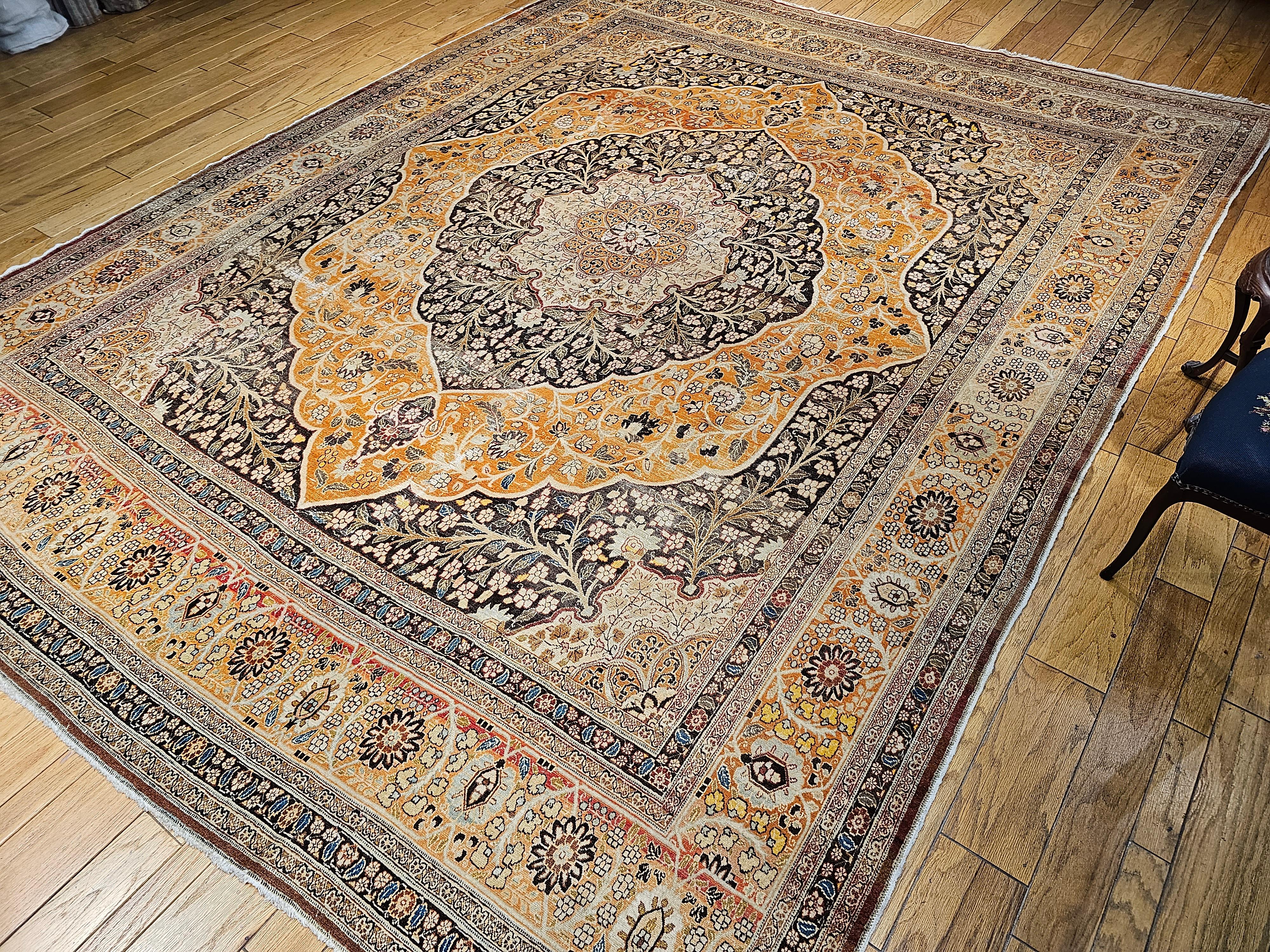 Vintage Oversized Persian Tabriz in Coral, Brown, Honey, Yellow, Blue For Sale 8