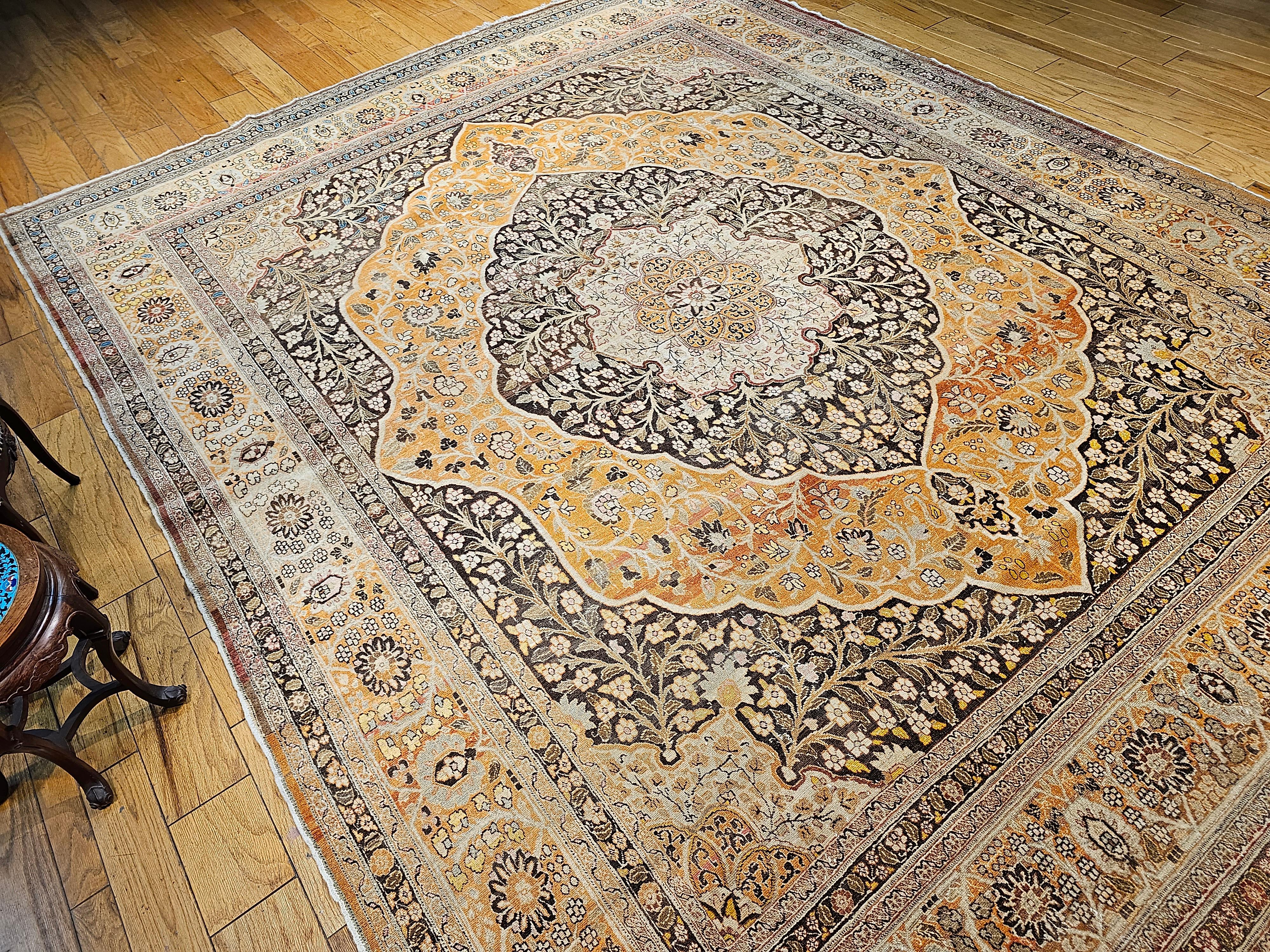 Vintage Oversized Persian Tabriz in Coral, Brown, Honey, Yellow, Blue For Sale 10