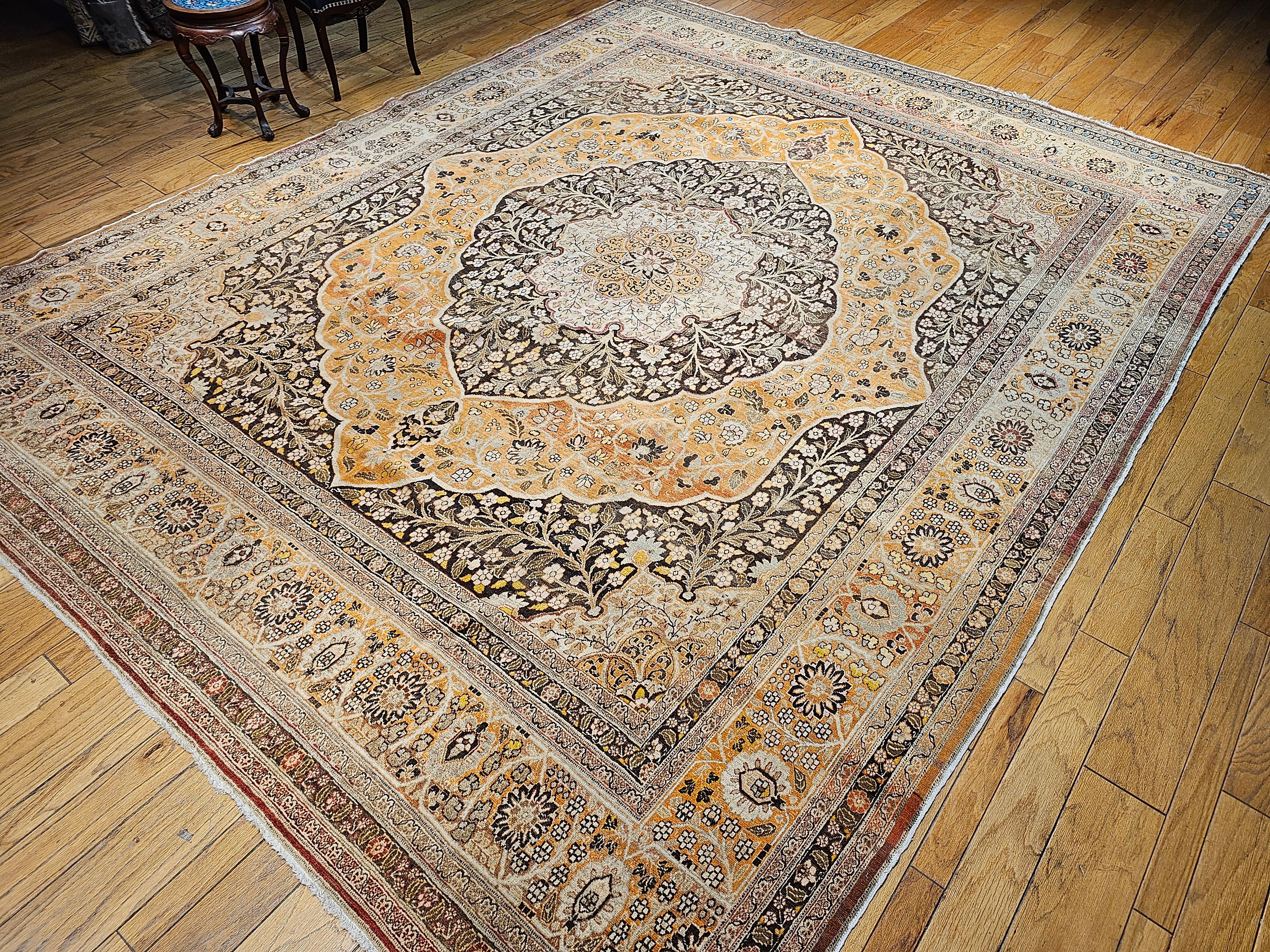 Vintage Oversized Persian Tabriz in Coral, Brown, Honey, Yellow, Blue For Sale 11