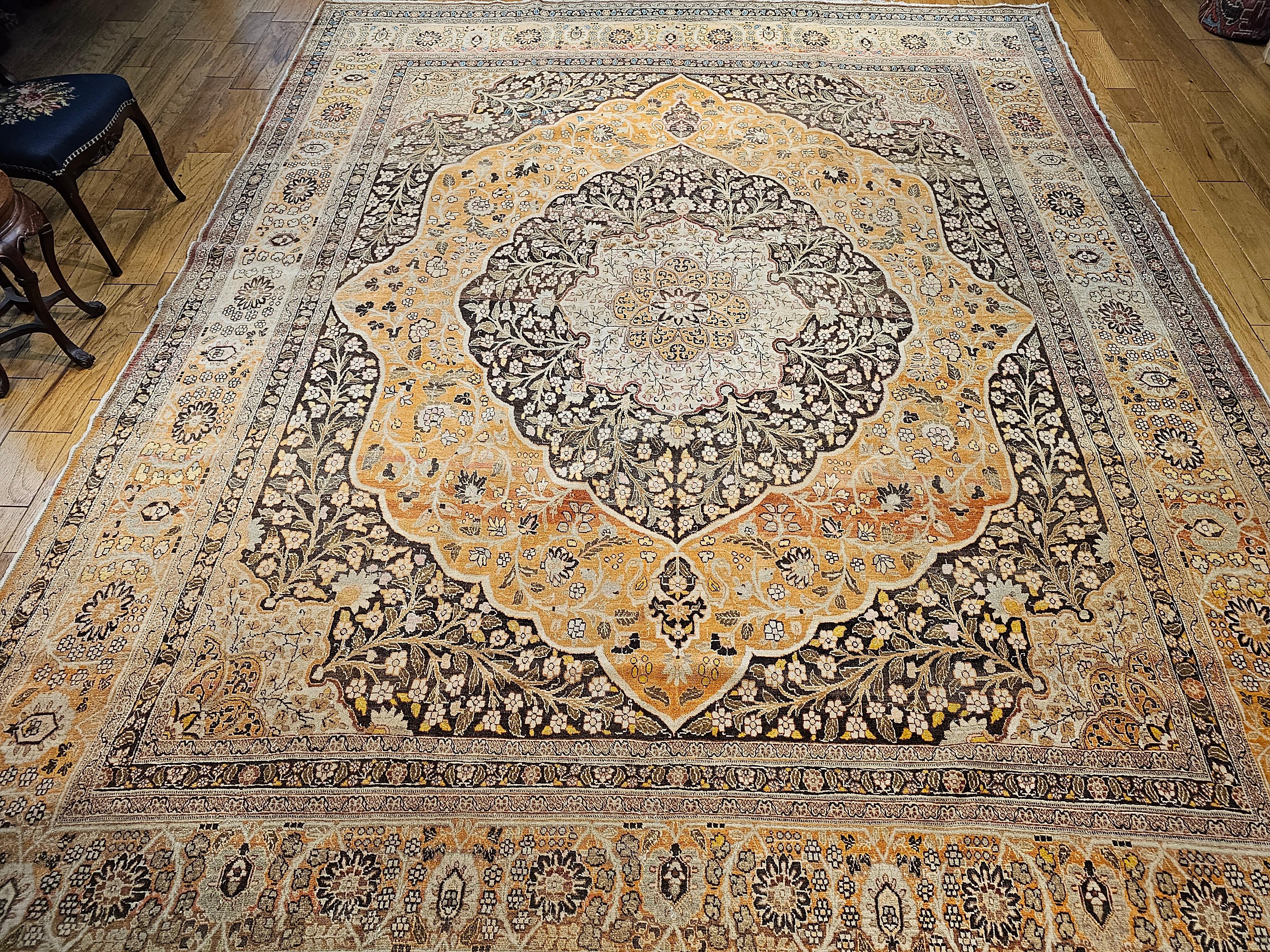 Vintage Oversized Persian Tabriz in Coral, Brown, Honey, Yellow, Blue For Sale 12